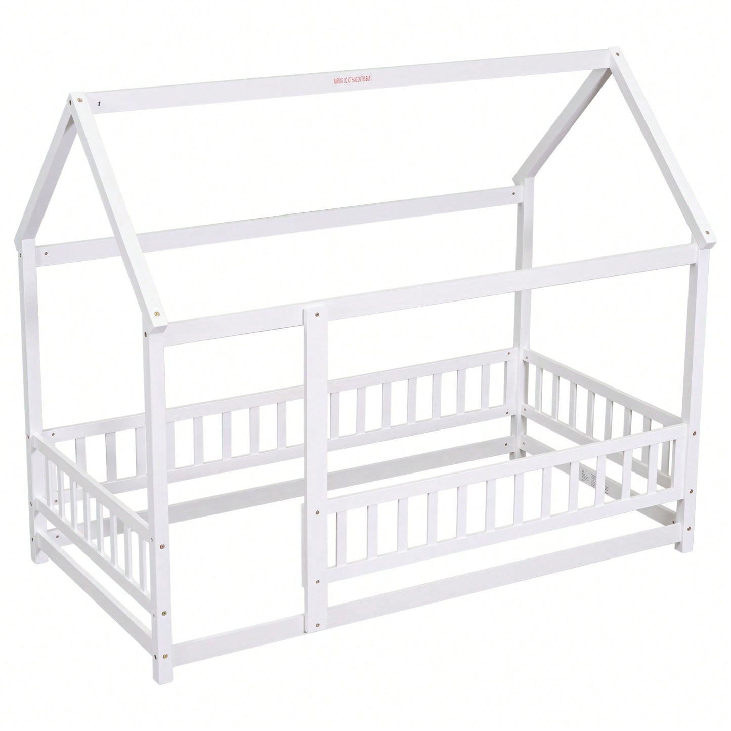Twin Size Wooden House Bed Frame With Roof And Fence Guardrails In White