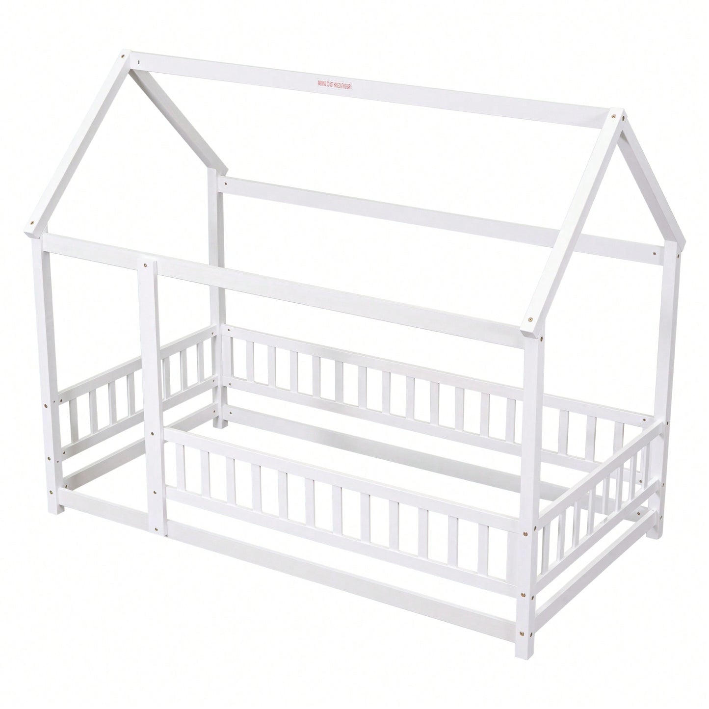 Twin Size Wooden House Bed Frame With Roof And Fence Guardrails In White