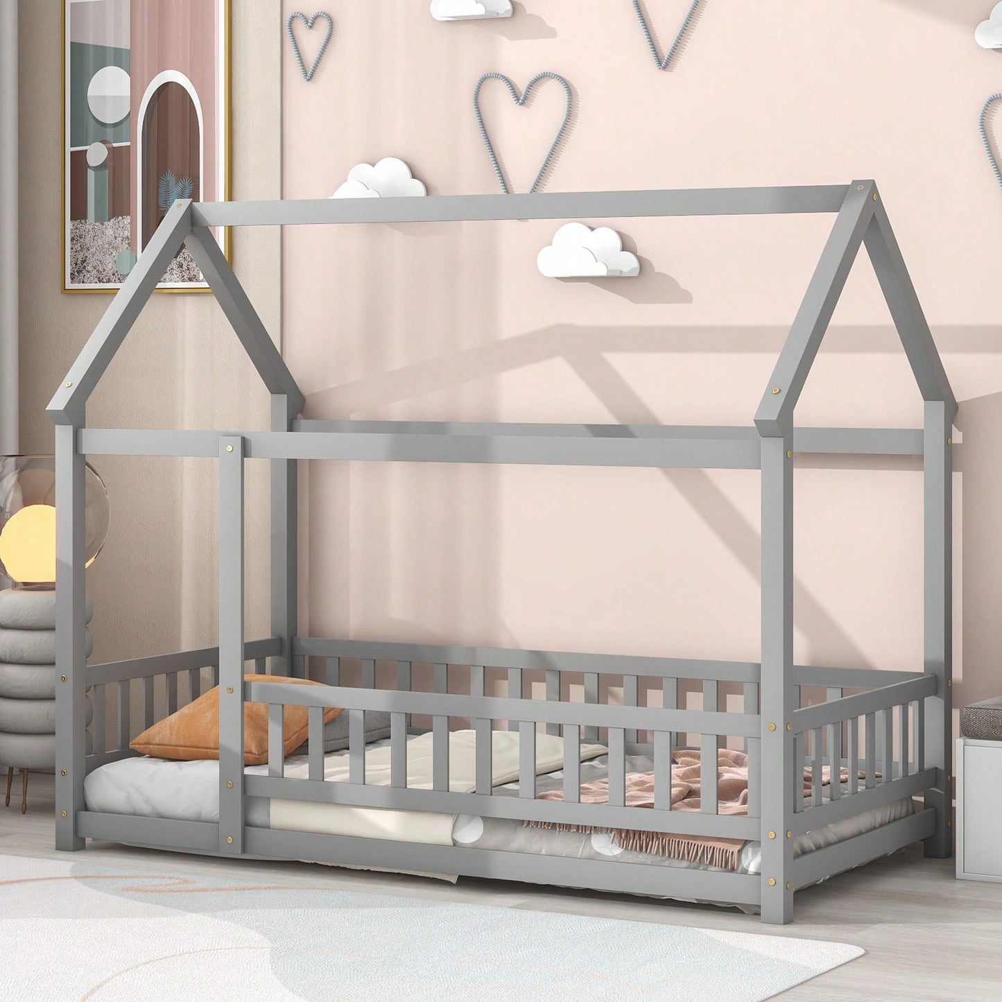 Twin Size Wooden House Bed Frame With Roof And Fence Guardrails In White