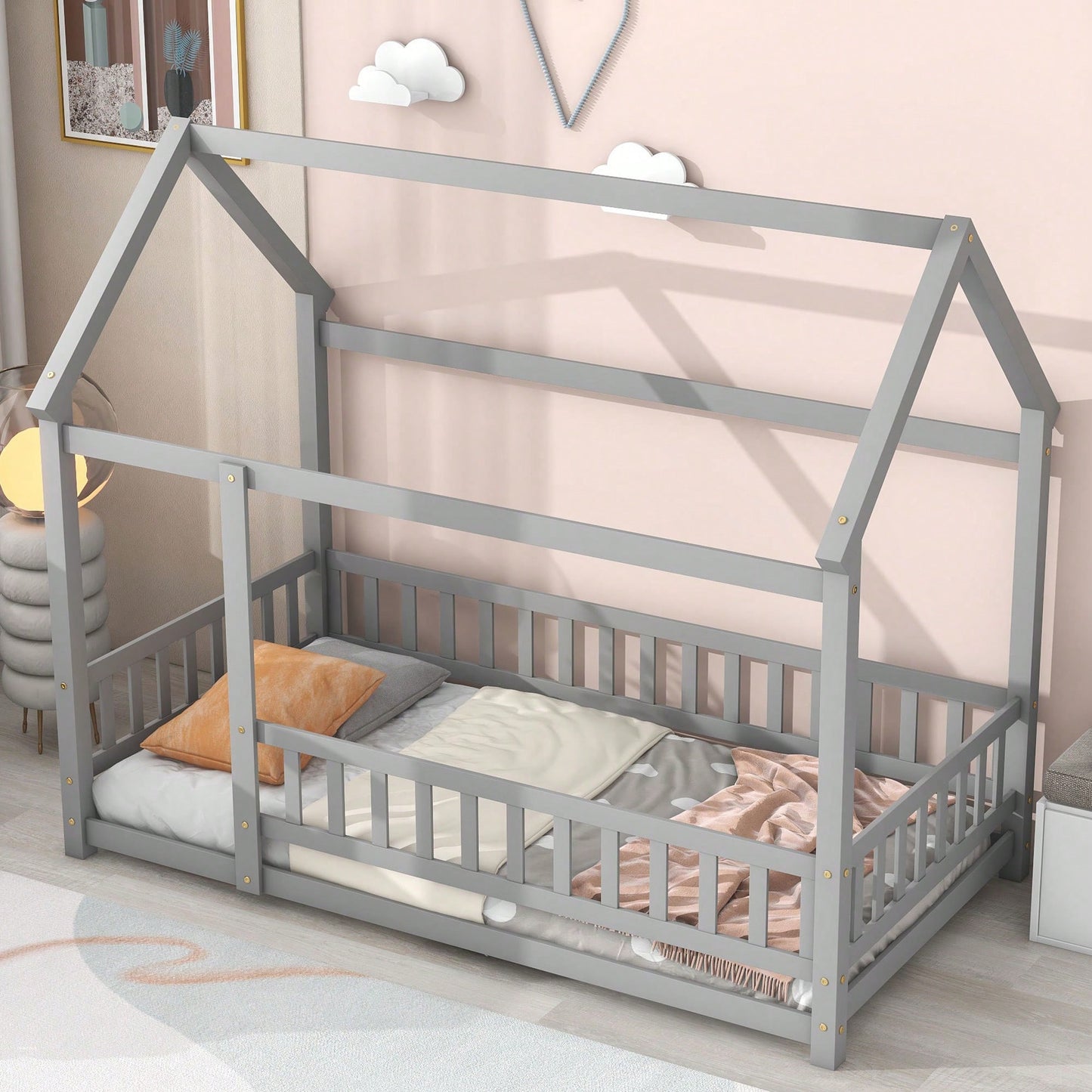 Twin Size Wooden House Bed Frame With Roof And Fence Guardrails In White