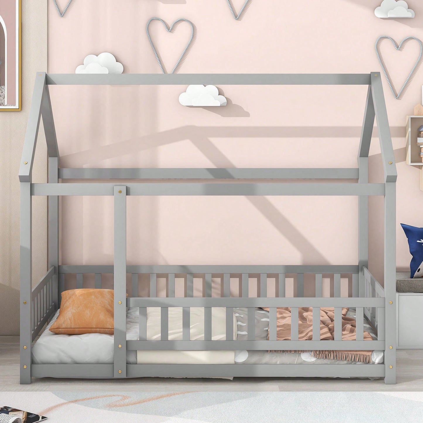 Twin Size Wooden House Bed Frame With Roof And Fence Guardrails In White