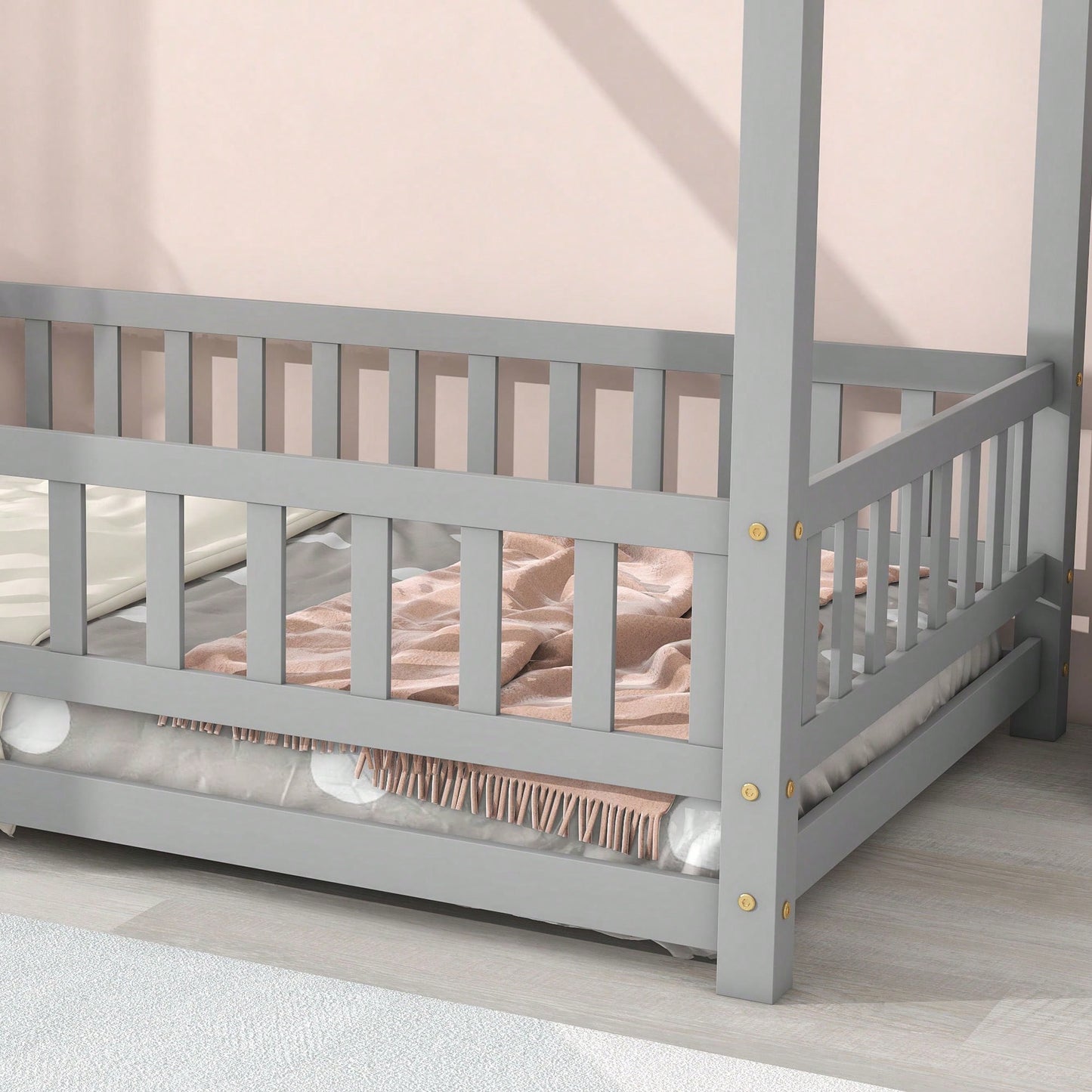 Twin Size Wooden House Bed Frame With Roof And Fence Guardrails In White