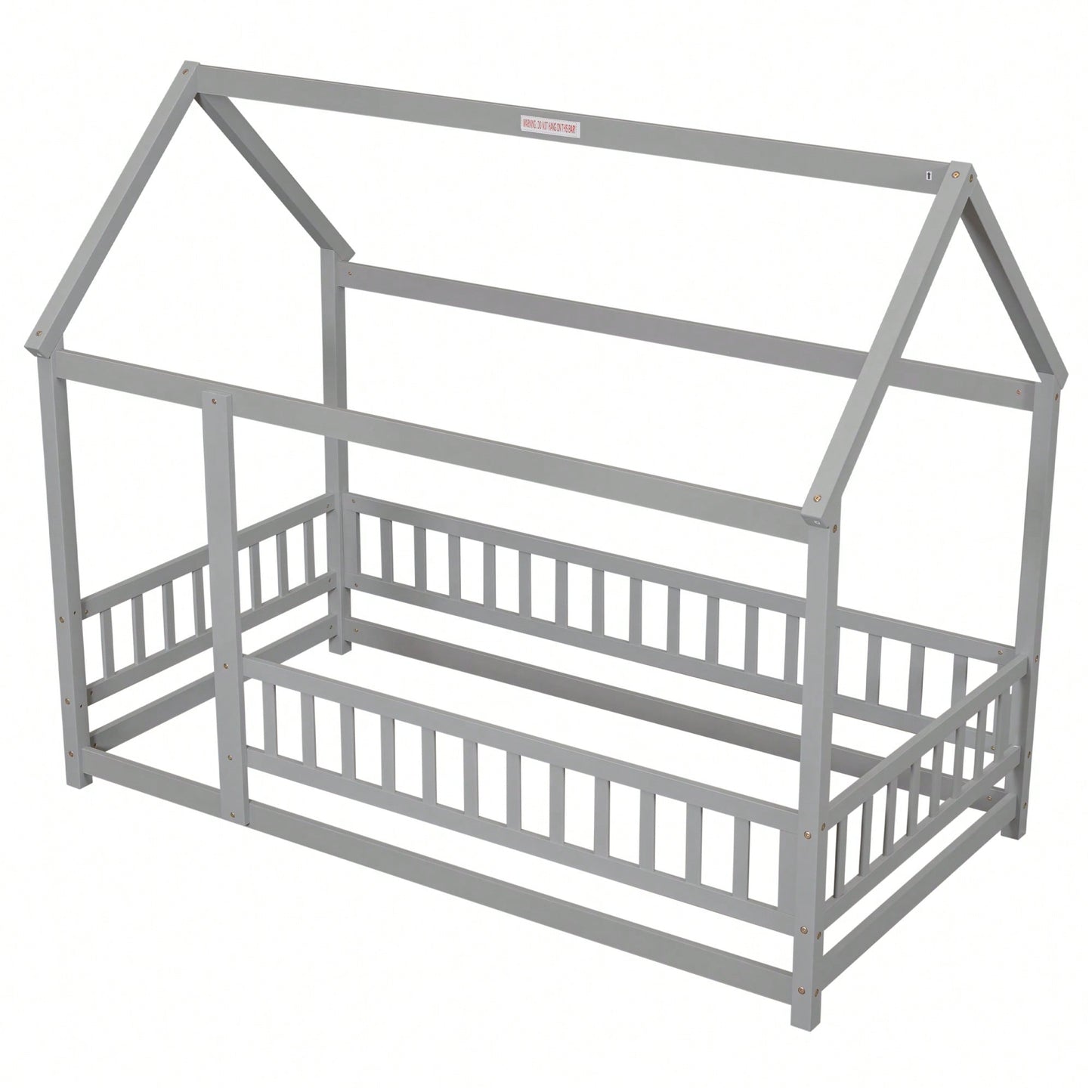 Twin Size Wooden House Bed Frame With Roof And Fence Guardrails In White