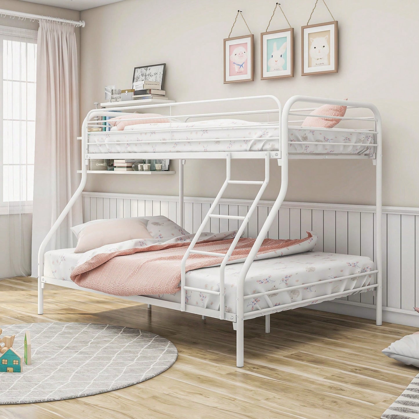 Sturdy Twin Over Full Metal Bunk Bed With Enhanced Guardrail Easy Assembly White Finish