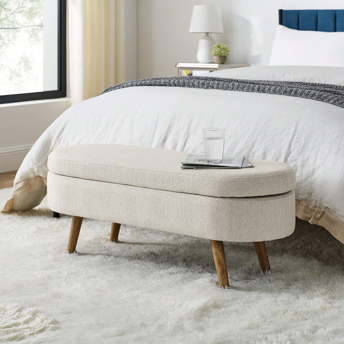 Beige Ottoman Storage Bench With Rubber Wood Legs 43.5x16x16 Stylish And Functional Home Furniture
