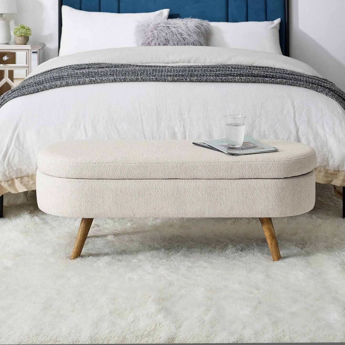 Beige Ottoman Storage Bench With Rubber Wood Legs 43.5x16x16 Stylish And Functional Home Furniture