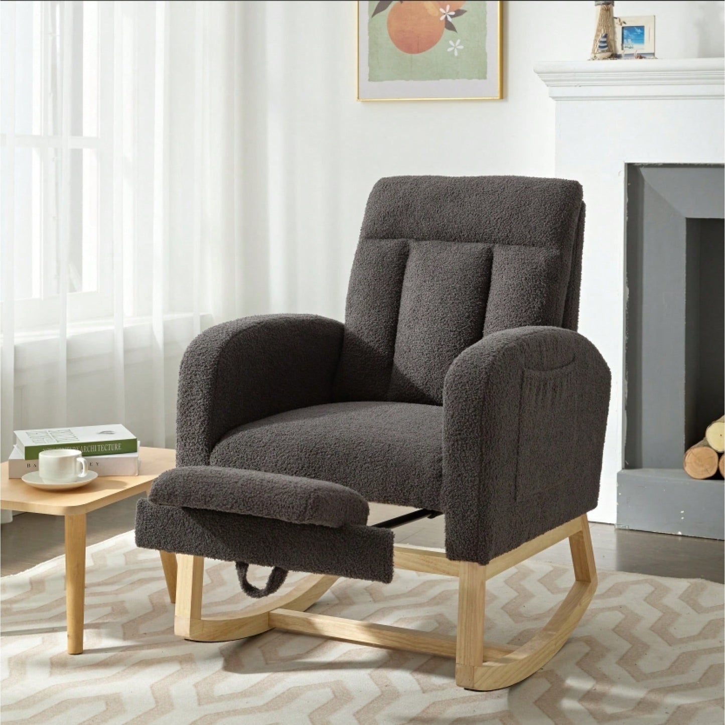 Contemporary Gray Teddy Accent Rocking Chair with Solid Wood Legs Adjustable Footrest Cozy Armchair for Living Room