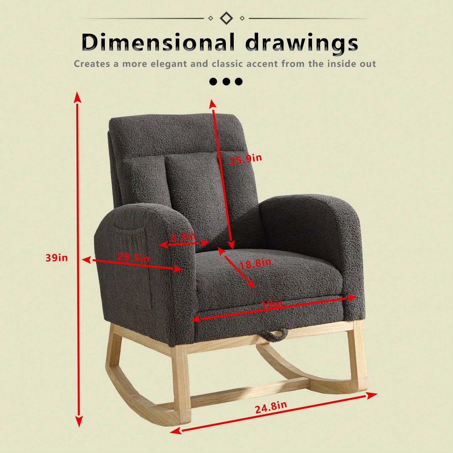 Contemporary Gray Teddy Accent Rocking Chair with Solid Wood Legs Adjustable Footrest Cozy Armchair for Living Room