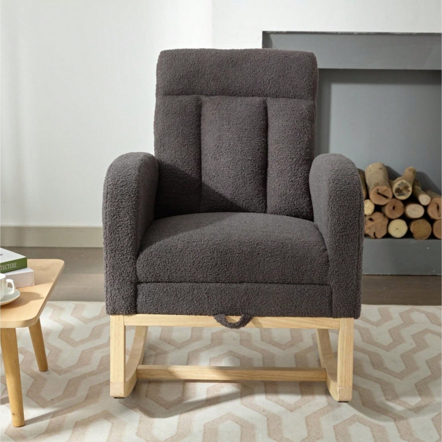 Contemporary Gray Teddy Accent Rocking Chair with Solid Wood Legs Adjustable Footrest Cozy Armchair for Living Room