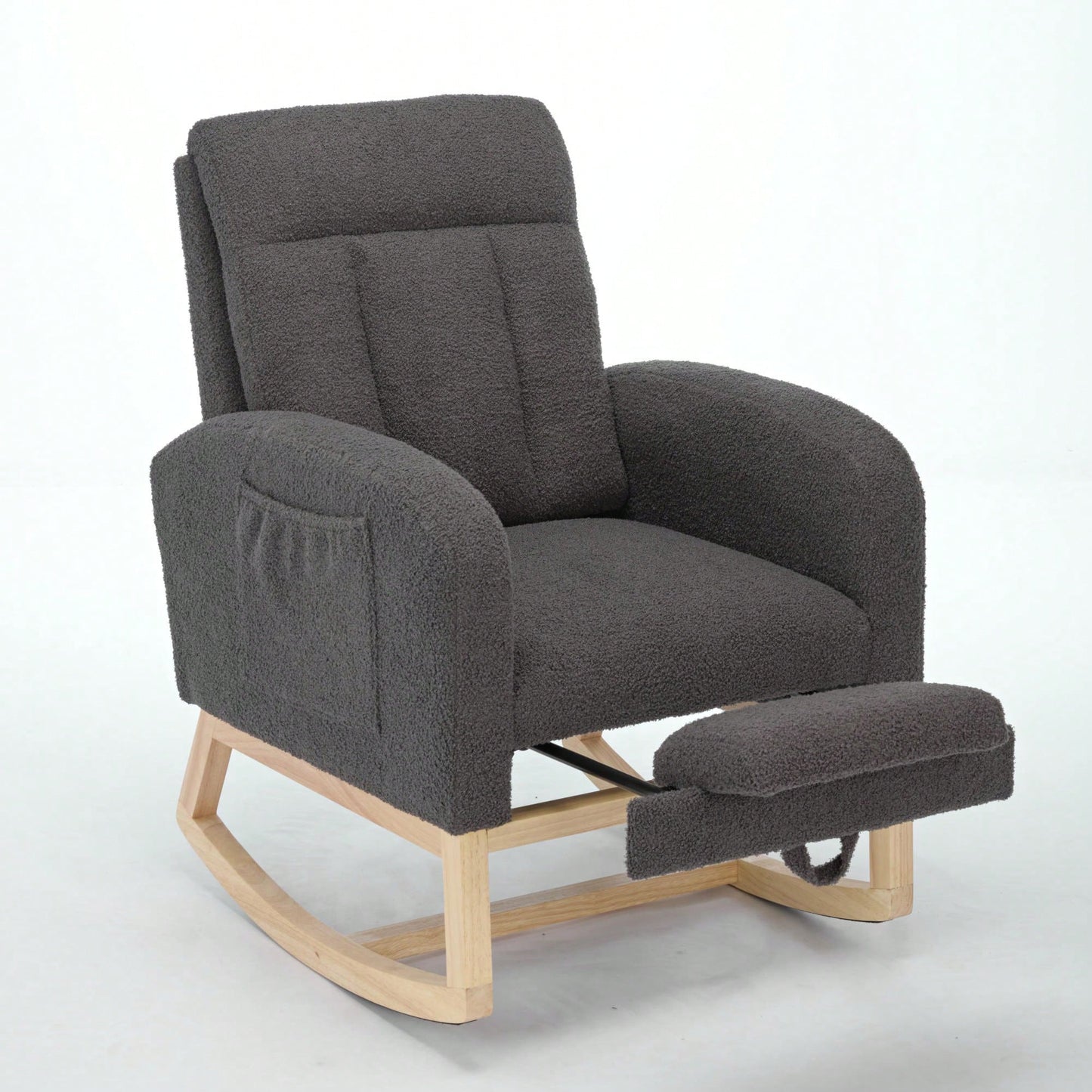 Contemporary Gray Teddy Accent Rocking Chair with Solid Wood Legs Adjustable Footrest Cozy Armchair for Living Room