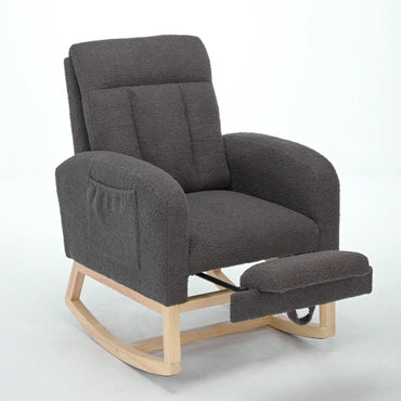 Contemporary Gray Teddy Accent Rocking Chair with Solid Wood Legs Adjustable Footrest Cozy Armchair for Living Room