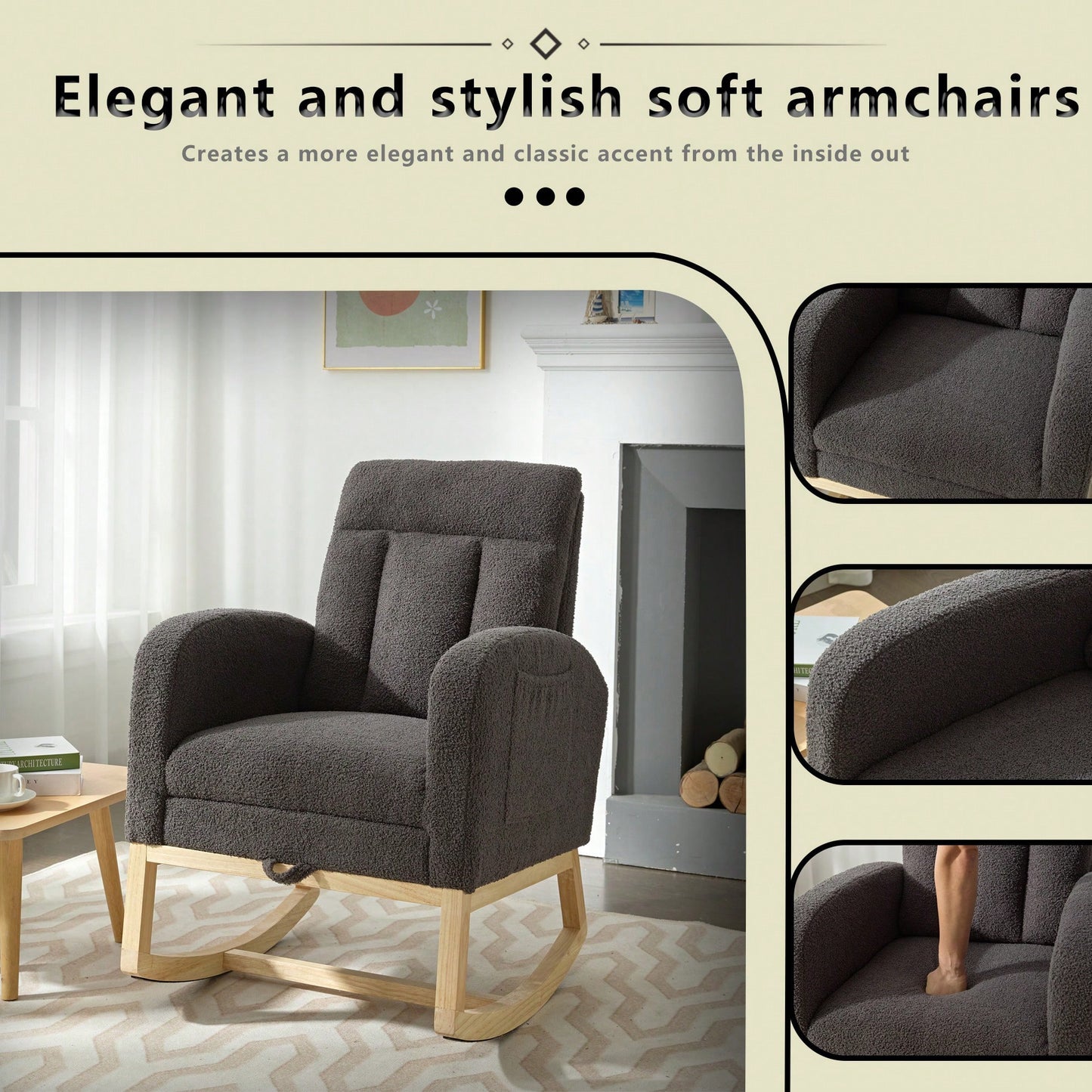 Contemporary Gray Teddy Accent Rocking Chair with Solid Wood Legs Adjustable Footrest Cozy Armchair for Living Room