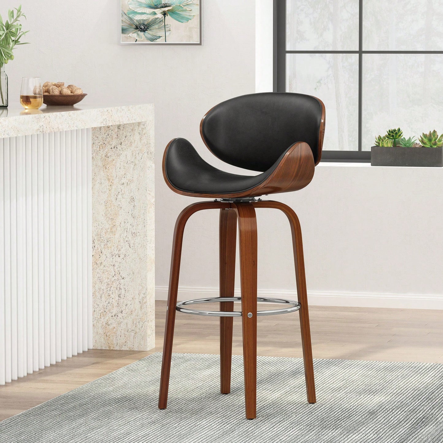 Mid-Century Modern Upholstered Swivel Barstool In Midnight Black And Walnut Finish