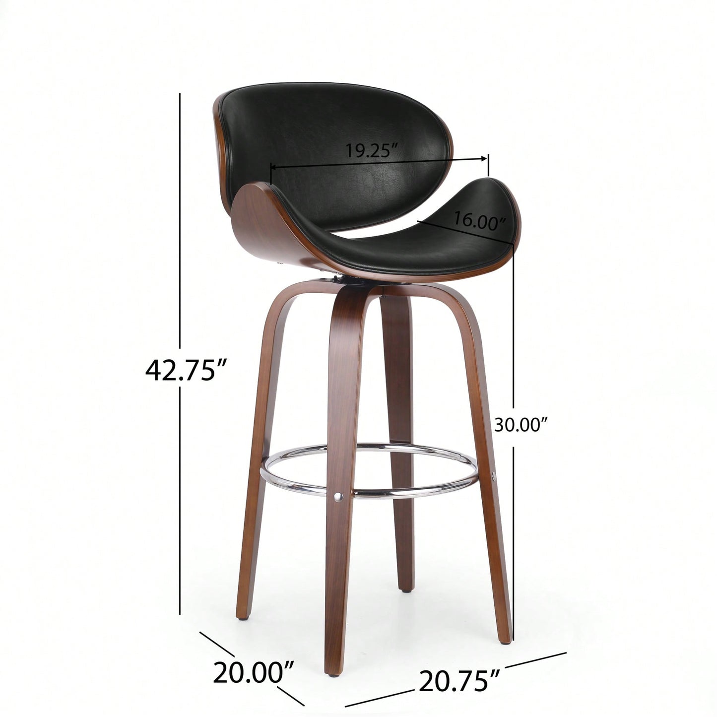 Mid-Century Modern Upholstered Swivel Barstool In Midnight Black And Walnut Finish