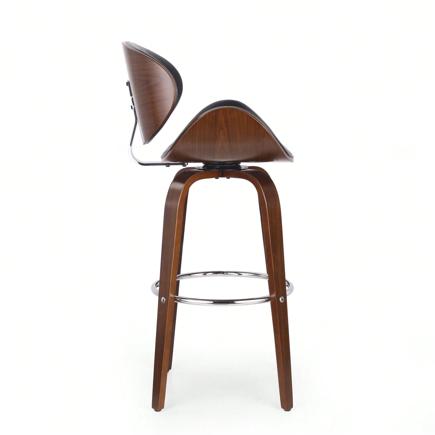 Mid-Century Modern Upholstered Swivel Barstool In Midnight Black And Walnut Finish