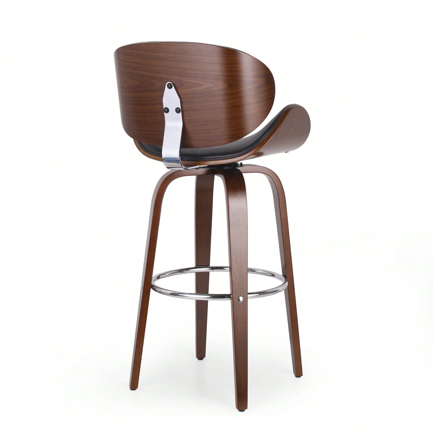 Mid-Century Modern Upholstered Swivel Barstool In Midnight Black And Walnut Finish