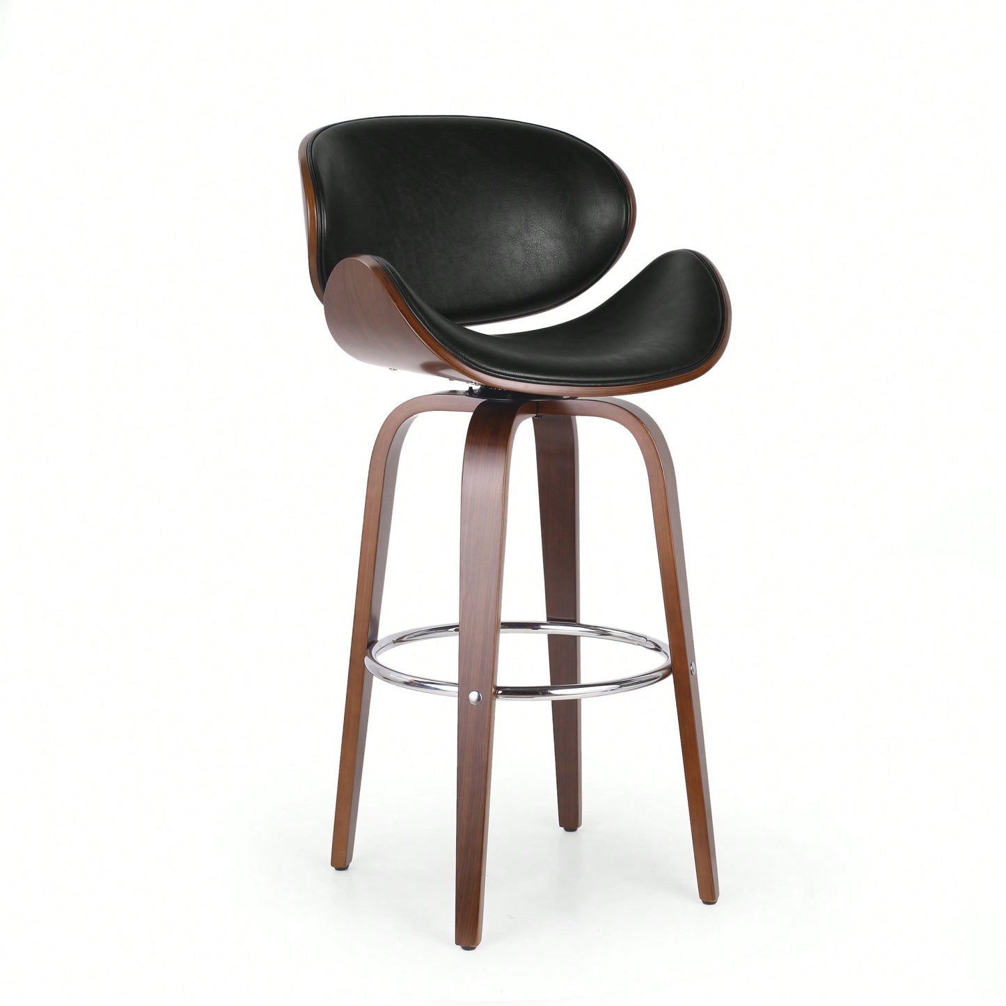 Mid-Century Modern Upholstered Swivel Barstool In Midnight Black And Walnut Finish