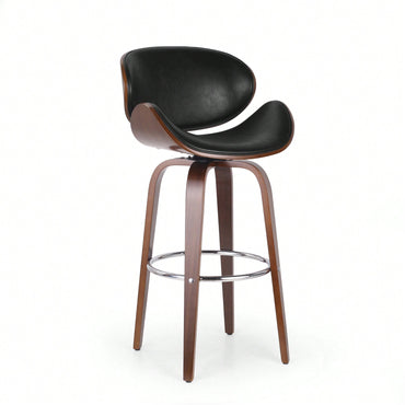 Mid-Century Modern Upholstered Swivel Barstool In Midnight Black And Walnut Finish