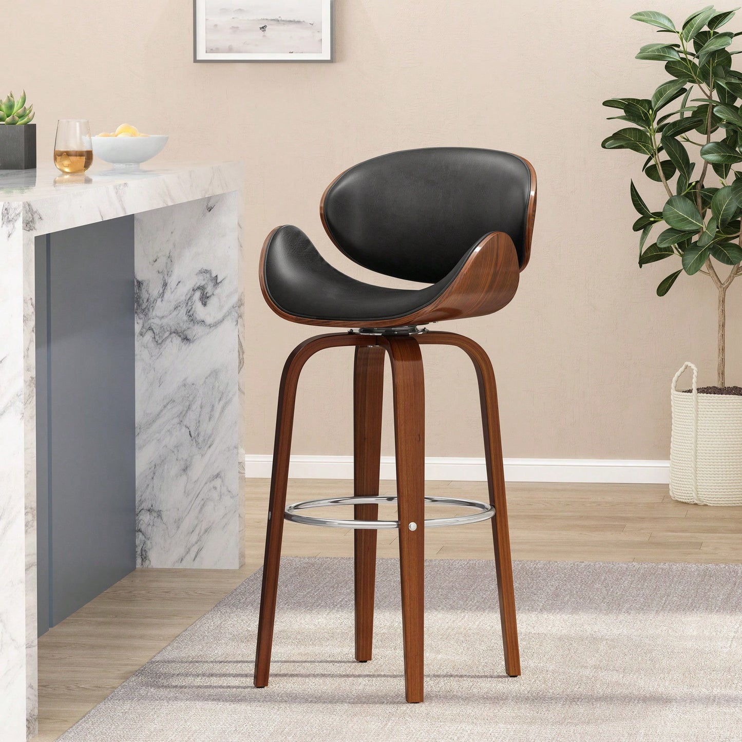 Mid-Century Modern Upholstered Swivel Barstool In Midnight Black And Walnut Finish