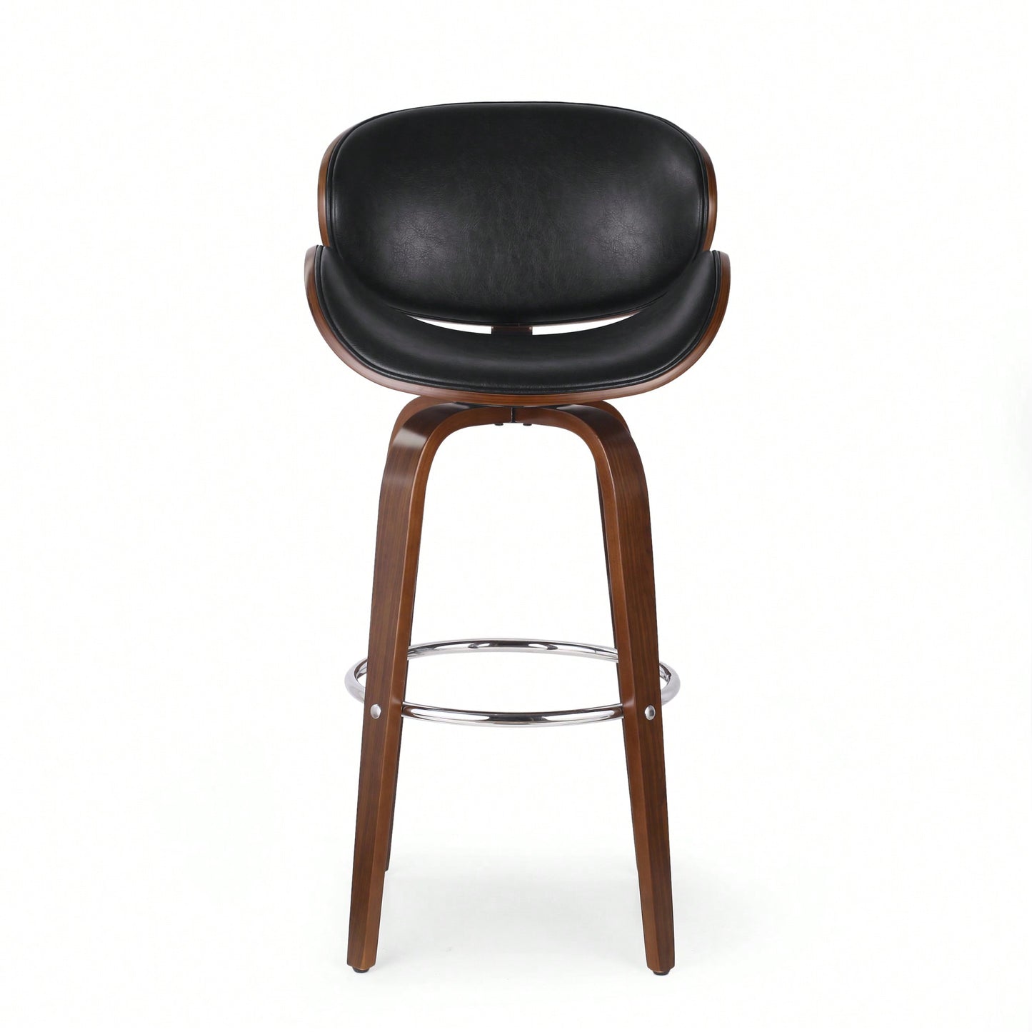 Mid-Century Modern Upholstered Swivel Barstool In Midnight Black And Walnut Finish