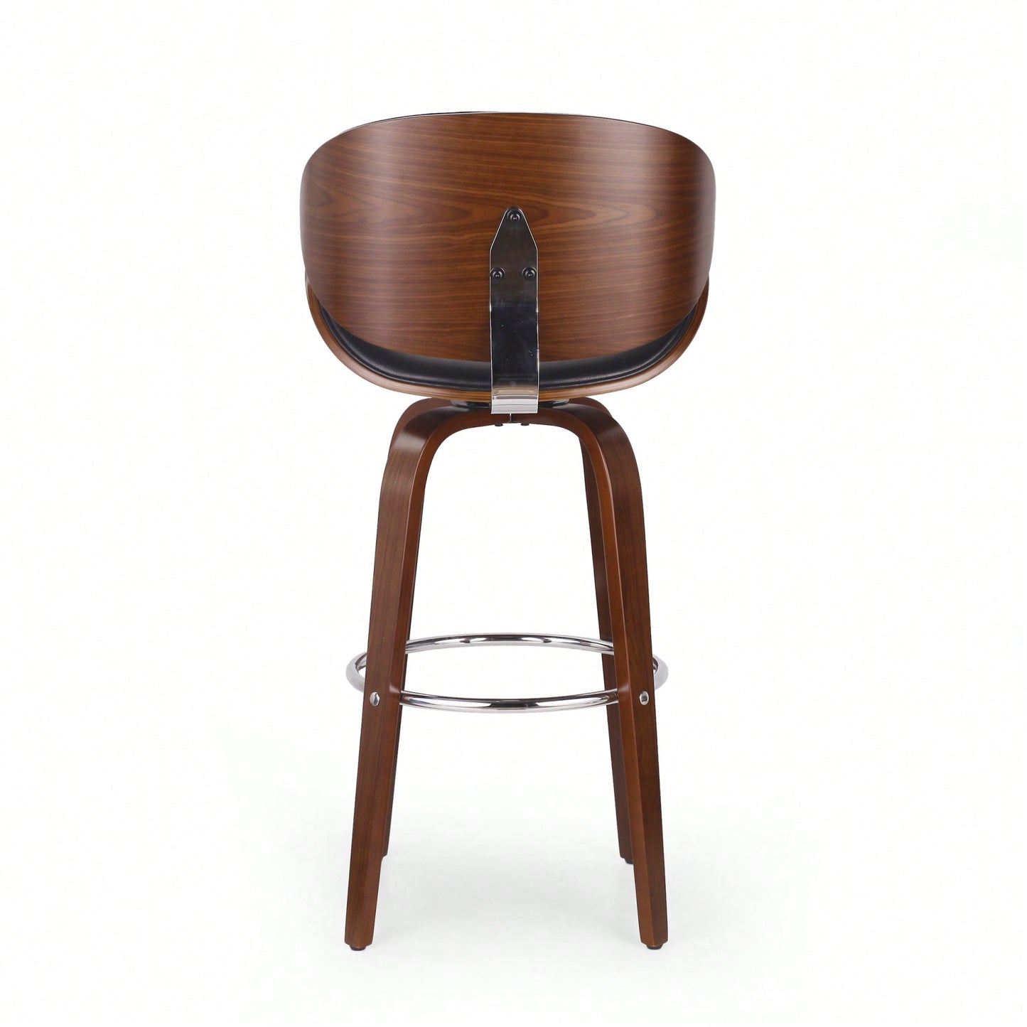 Mid-Century Modern Upholstered Swivel Barstool In Midnight Black And Walnut Finish