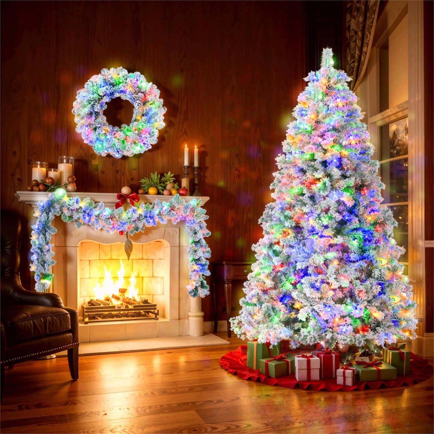 6FT Snow Flocked Pre-Lit Christmas Tree With Garland And Wreath, Colorful LED Lights, 8 Lighting Modes, Pine Cones, Holiday Home Décor