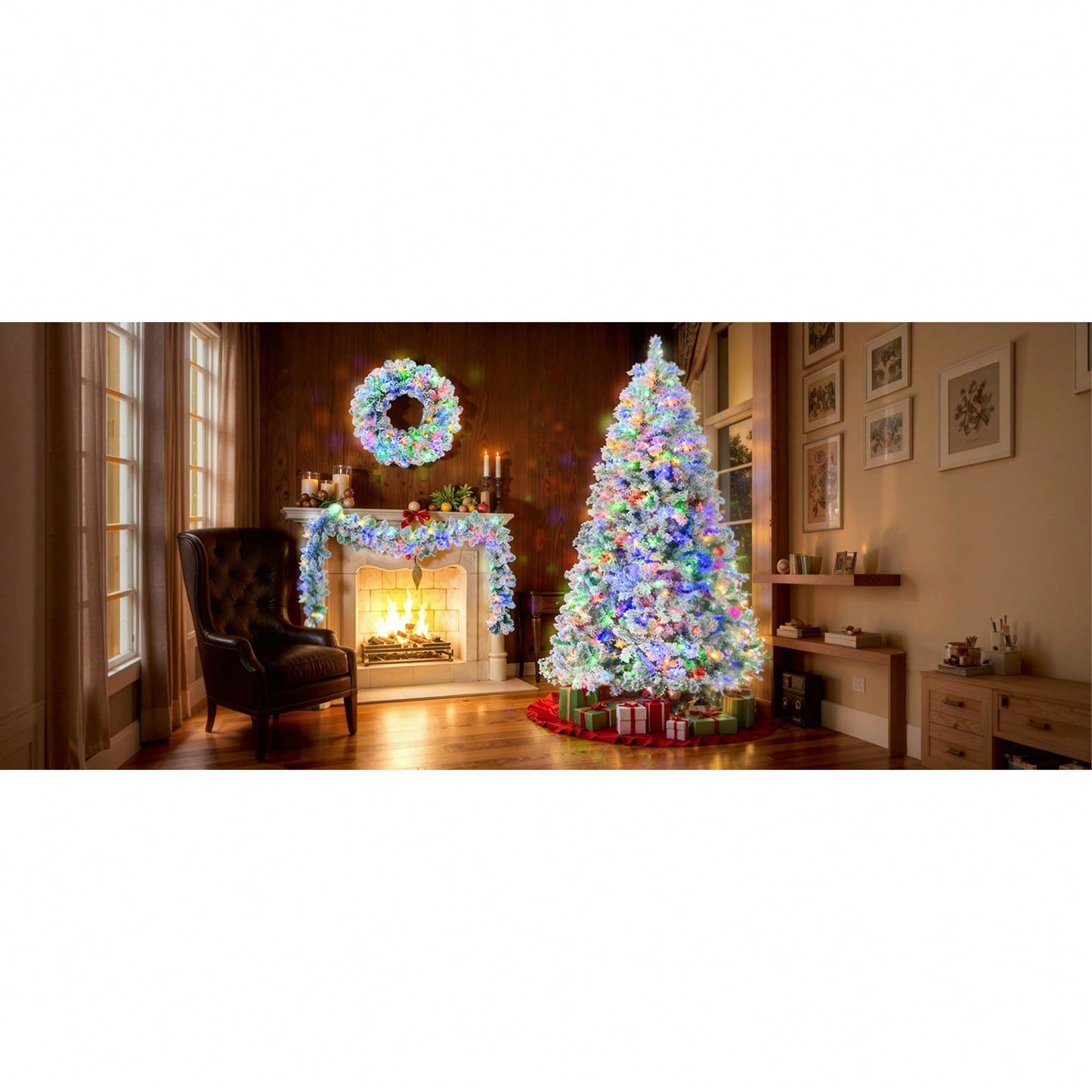 6FT Snow Flocked Pre-Lit Christmas Tree With Garland And Wreath, Colorful LED Lights, 8 Lighting Modes, Pine Cones, Holiday Home Décor