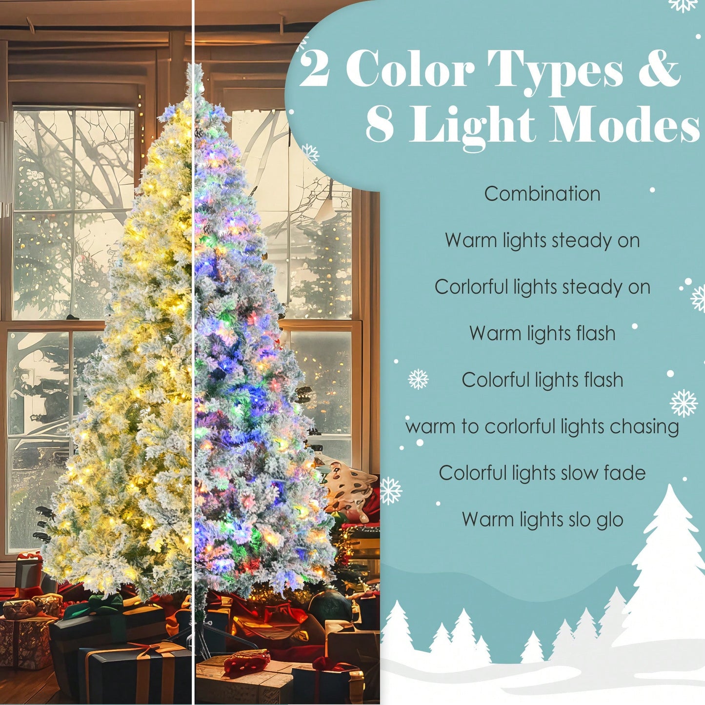 6FT Snow Flocked Pre-Lit Christmas Tree With Garland And Wreath, Colorful LED Lights, 8 Lighting Modes, Pine Cones, Holiday Home Décor