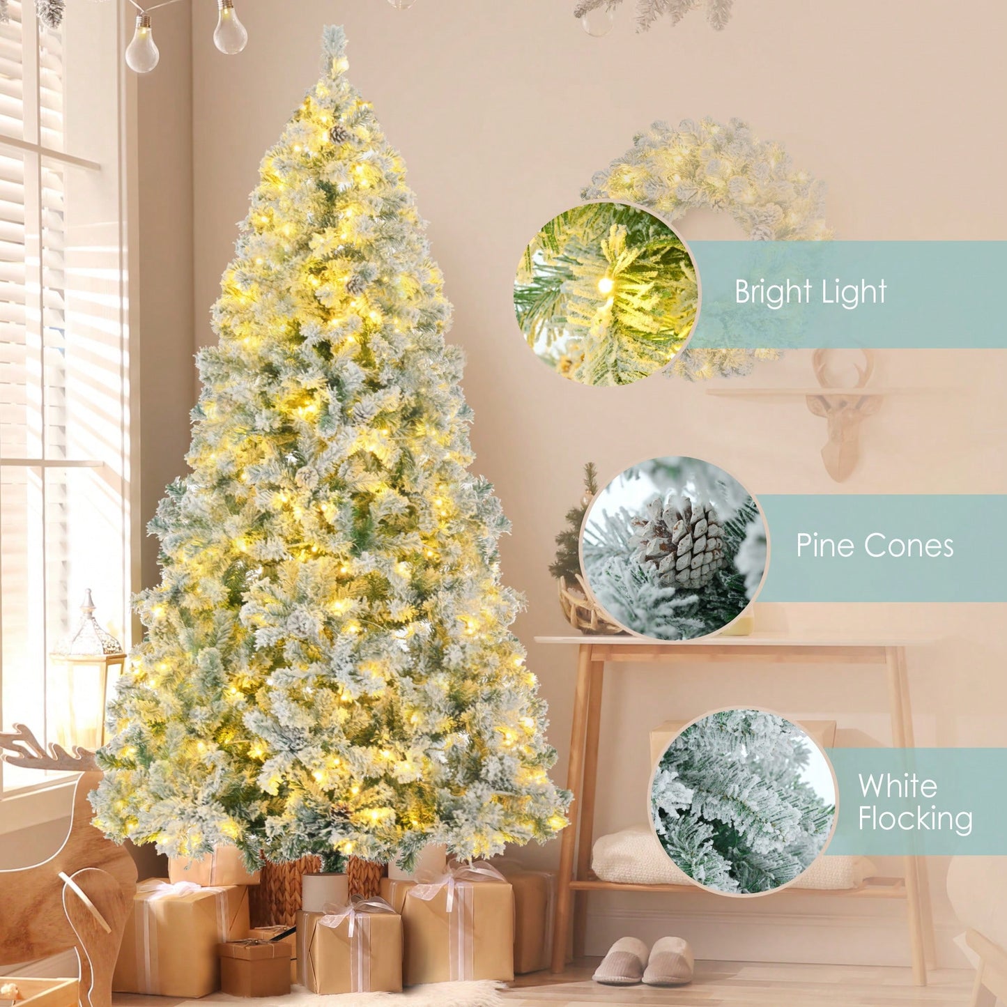 6FT Snow Flocked Pre-Lit Christmas Tree With Garland And Wreath, Colorful LED Lights, 8 Lighting Modes, Pine Cones, Holiday Home Décor