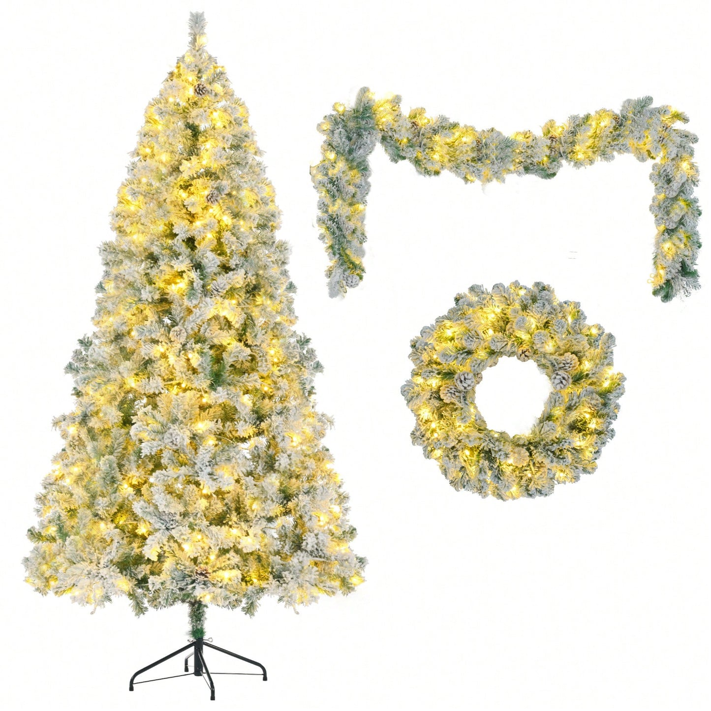 6FT Snow Flocked Pre-Lit Christmas Tree With Garland And Wreath, Colorful LED Lights, 8 Lighting Modes, Pine Cones, Holiday Home Décor