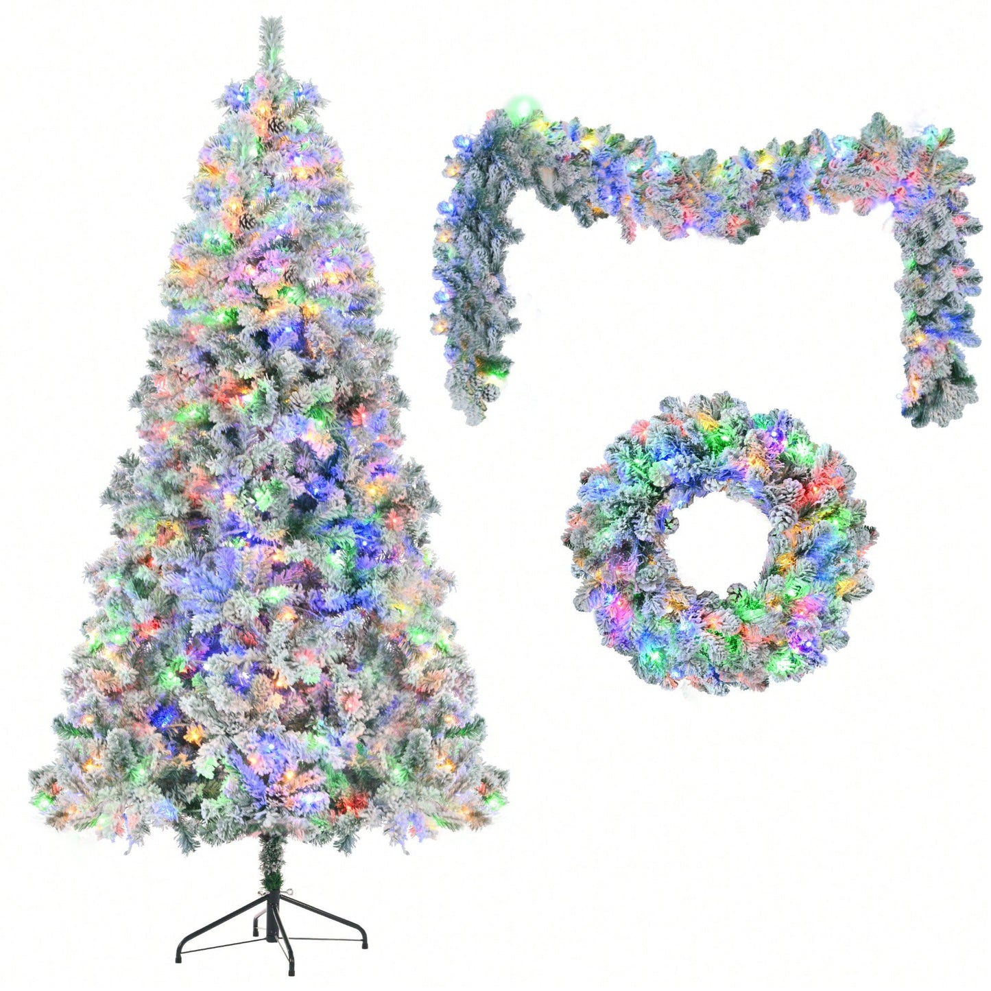 6FT Snow Flocked Pre-Lit Christmas Tree With Garland And Wreath, Colorful LED Lights, 8 Lighting Modes, Pine Cones, Holiday Home Décor