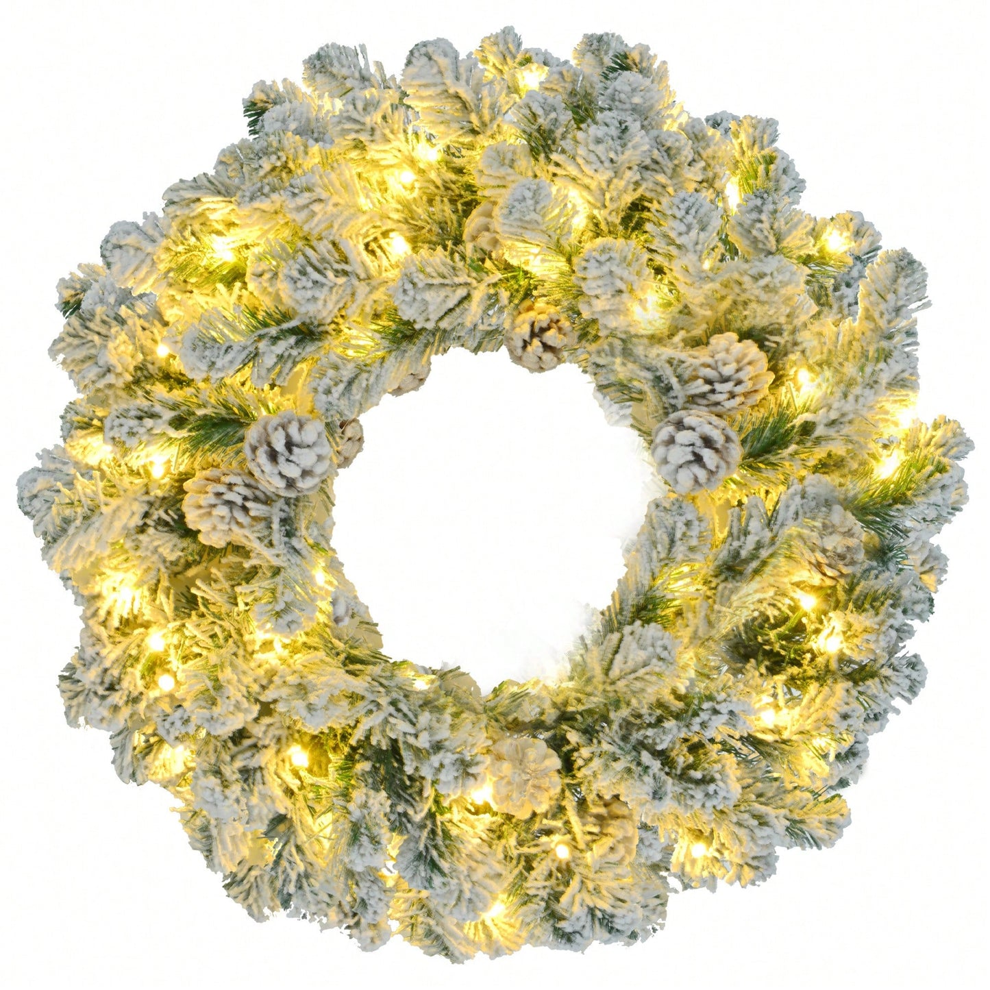 6FT Snow Flocked Pre-Lit Christmas Tree With Garland And Wreath, Colorful LED Lights, 8 Lighting Modes, Pine Cones, Holiday Home Décor