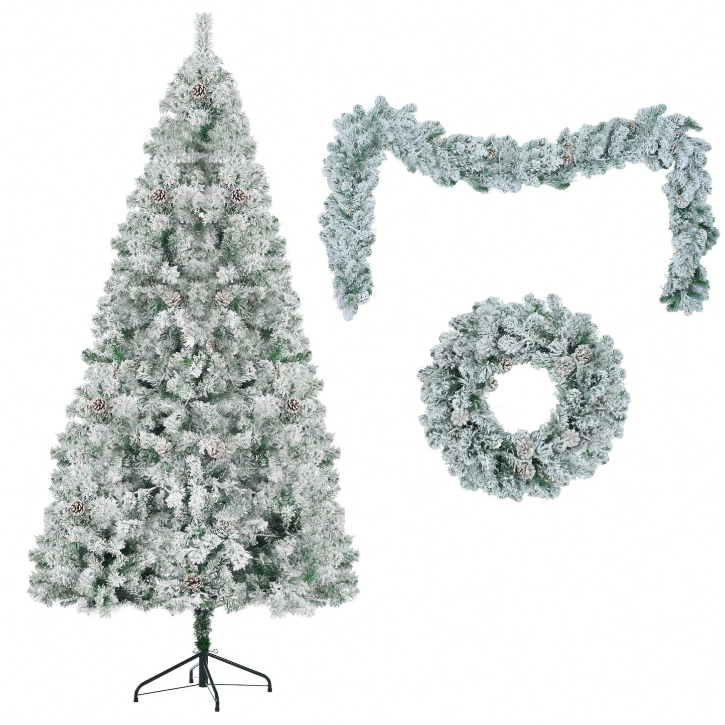 6FT Snow Flocked Pre-Lit Christmas Tree With Garland And Wreath, Colorful LED Lights, 8 Lighting Modes, Pine Cones, Holiday Home Décor