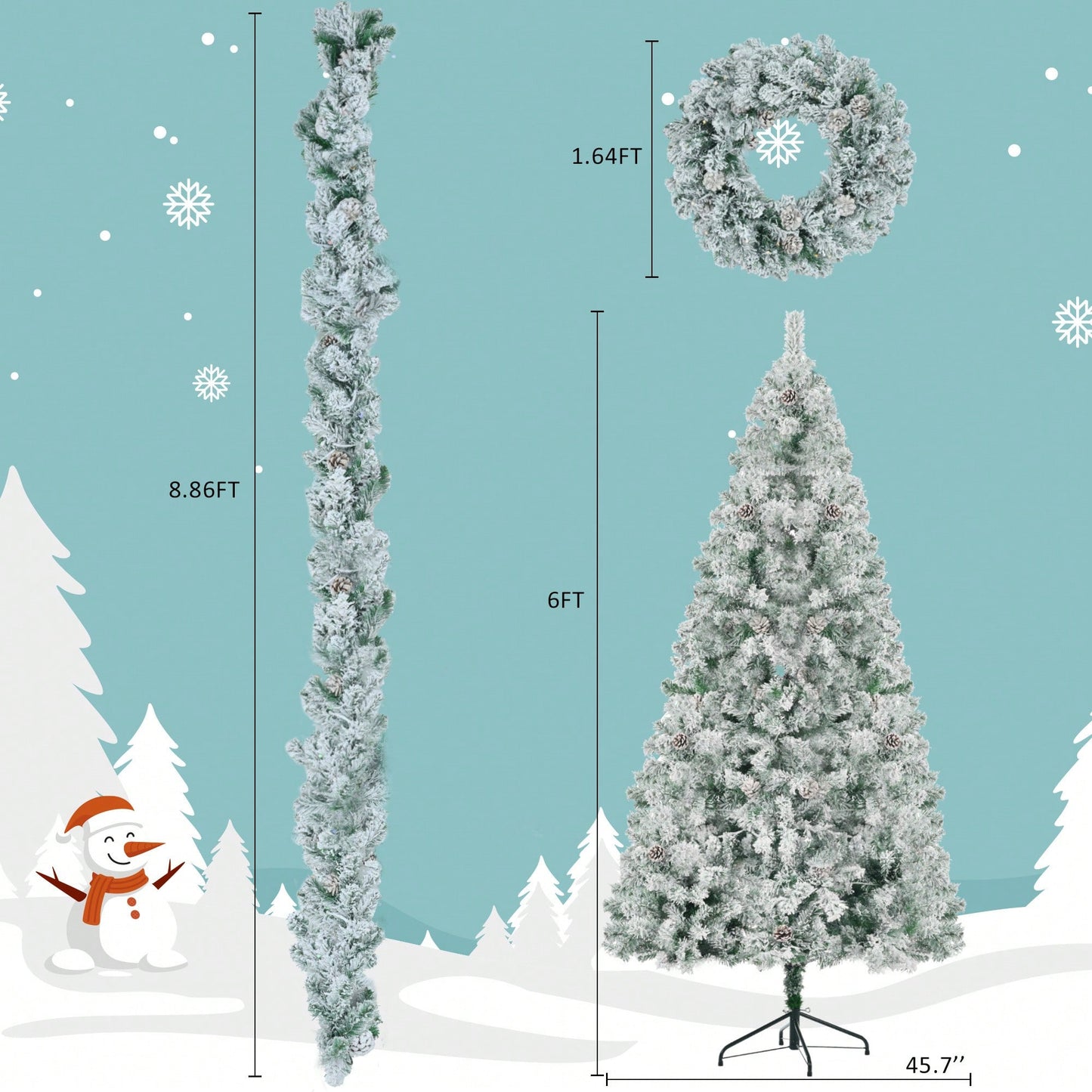 6FT Snow Flocked Pre-Lit Christmas Tree With Garland And Wreath, Colorful LED Lights, 8 Lighting Modes, Pine Cones, Holiday Home Décor