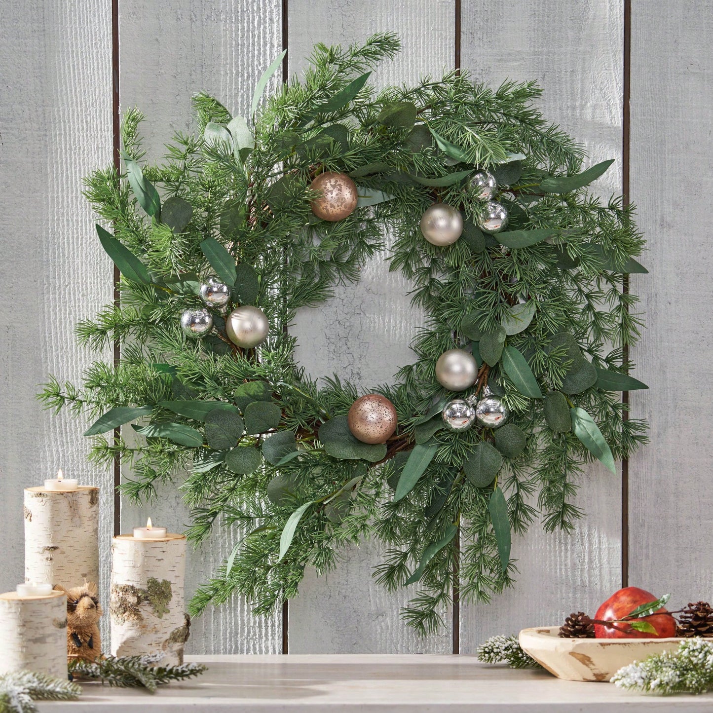 26 Inch Pine Needle Wreath With Decorative Ball For Seasonal Home Decor