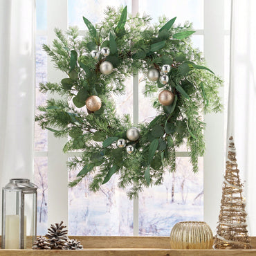 26 Inch Pine Needle Wreath With Decorative Ball For Seasonal Home Decor