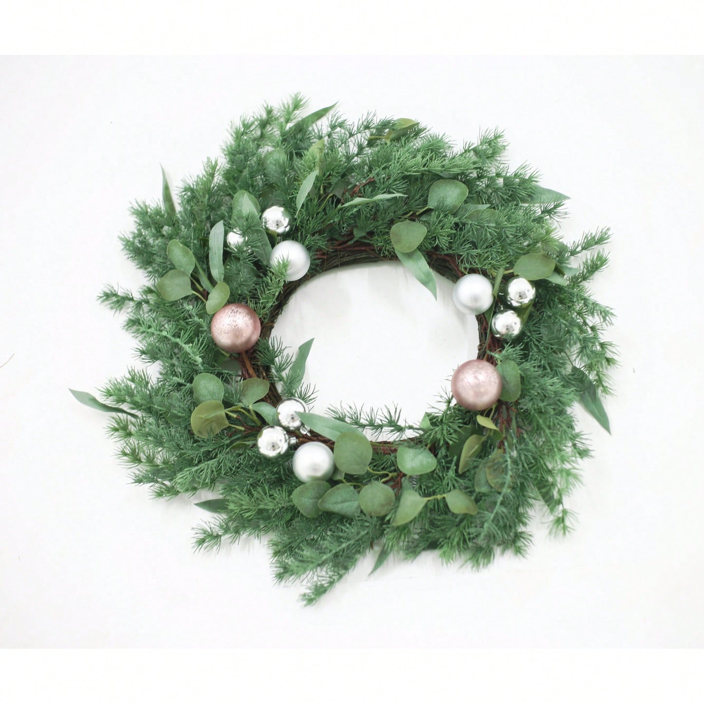 26 Inch Pine Needle Wreath With Decorative Ball For Seasonal Home Decor