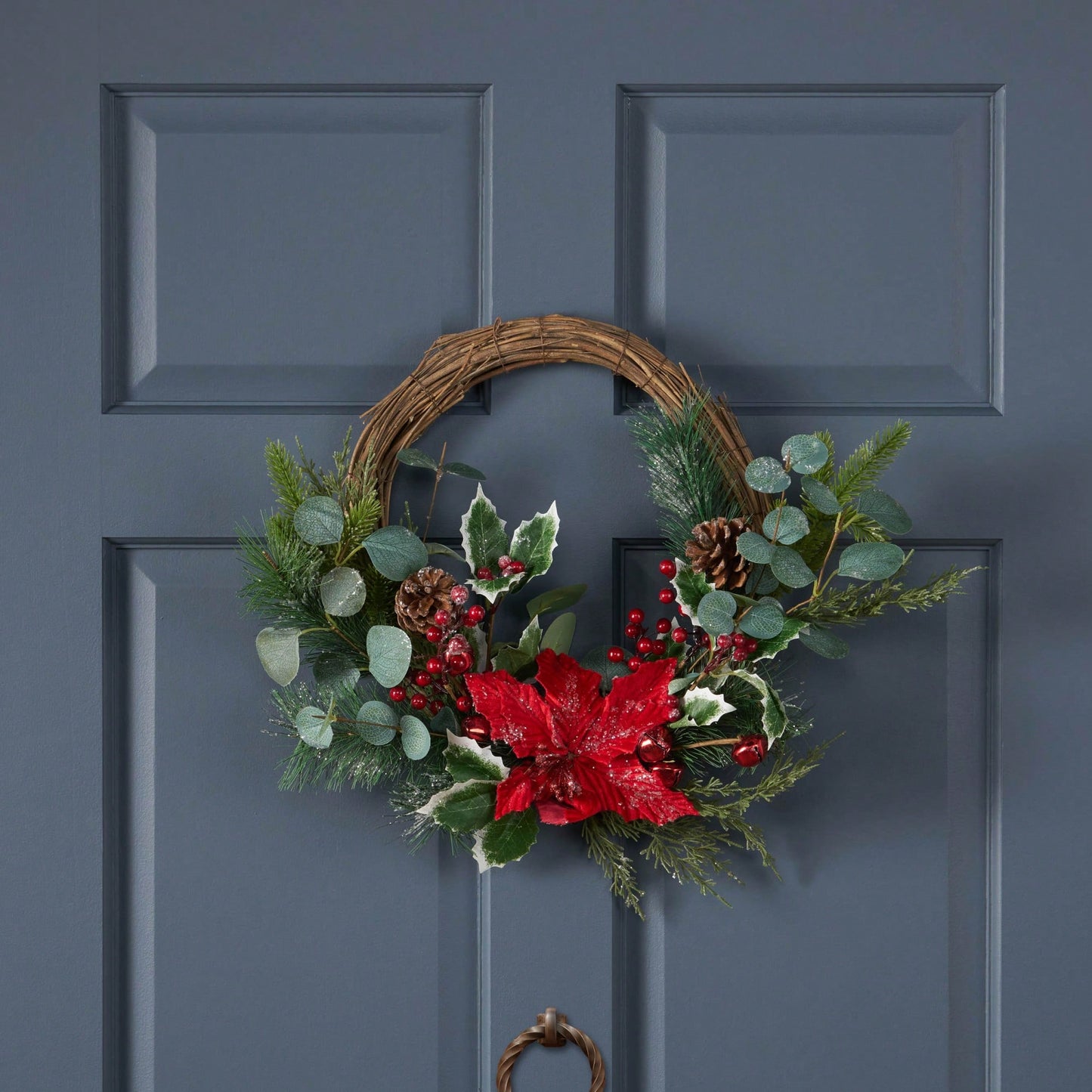 23.5 Inch Poinsettia Berry Eucalyptus Half Wreath For Holiday Decor