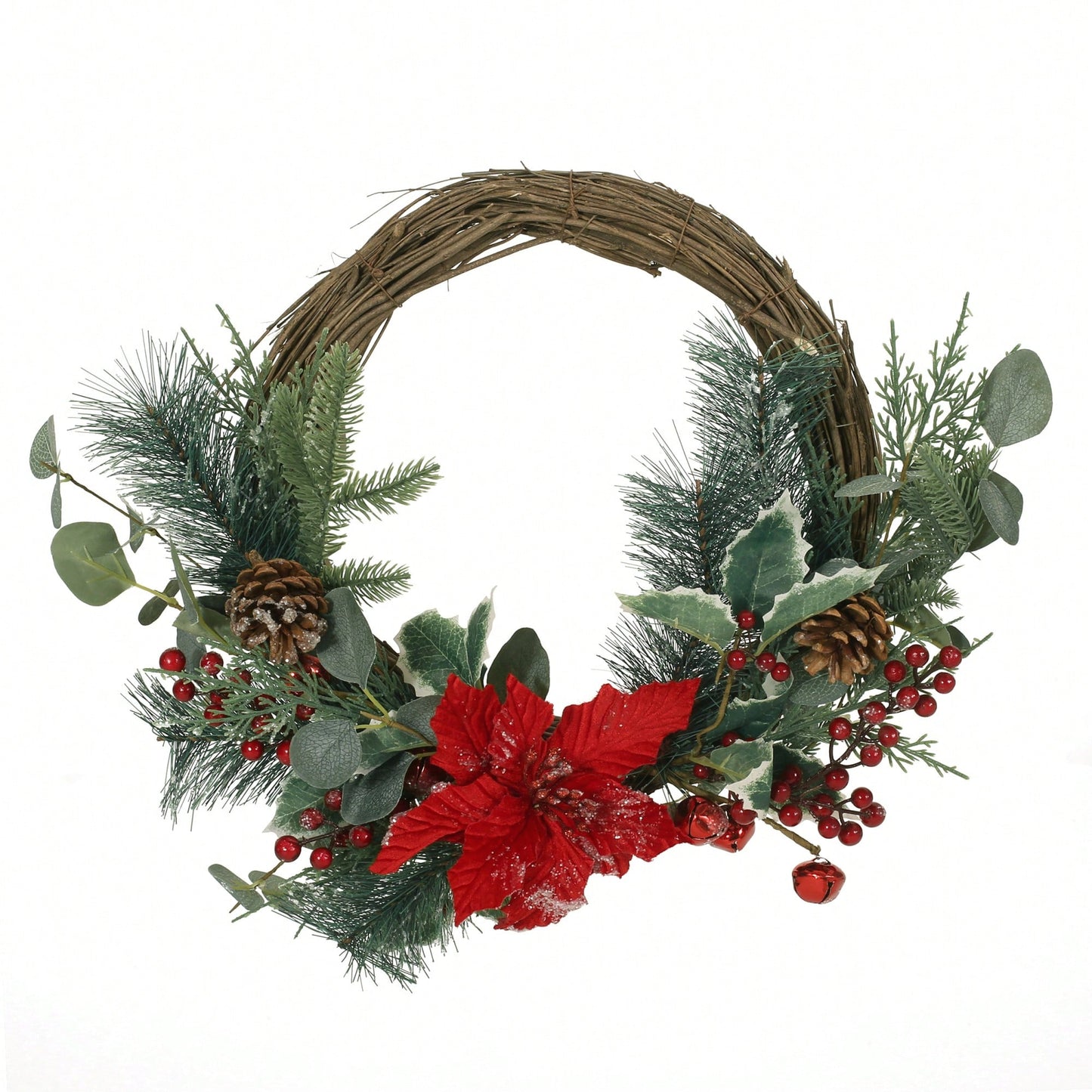 23.5 Inch Poinsettia Berry Eucalyptus Half Wreath For Holiday Decor