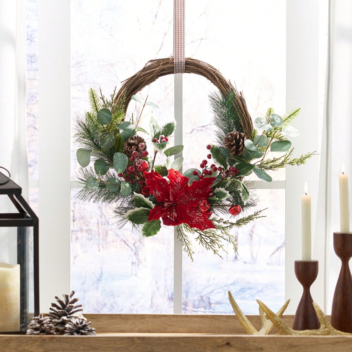 23.5 Inch Poinsettia Berry Eucalyptus Half Wreath For Holiday Decor