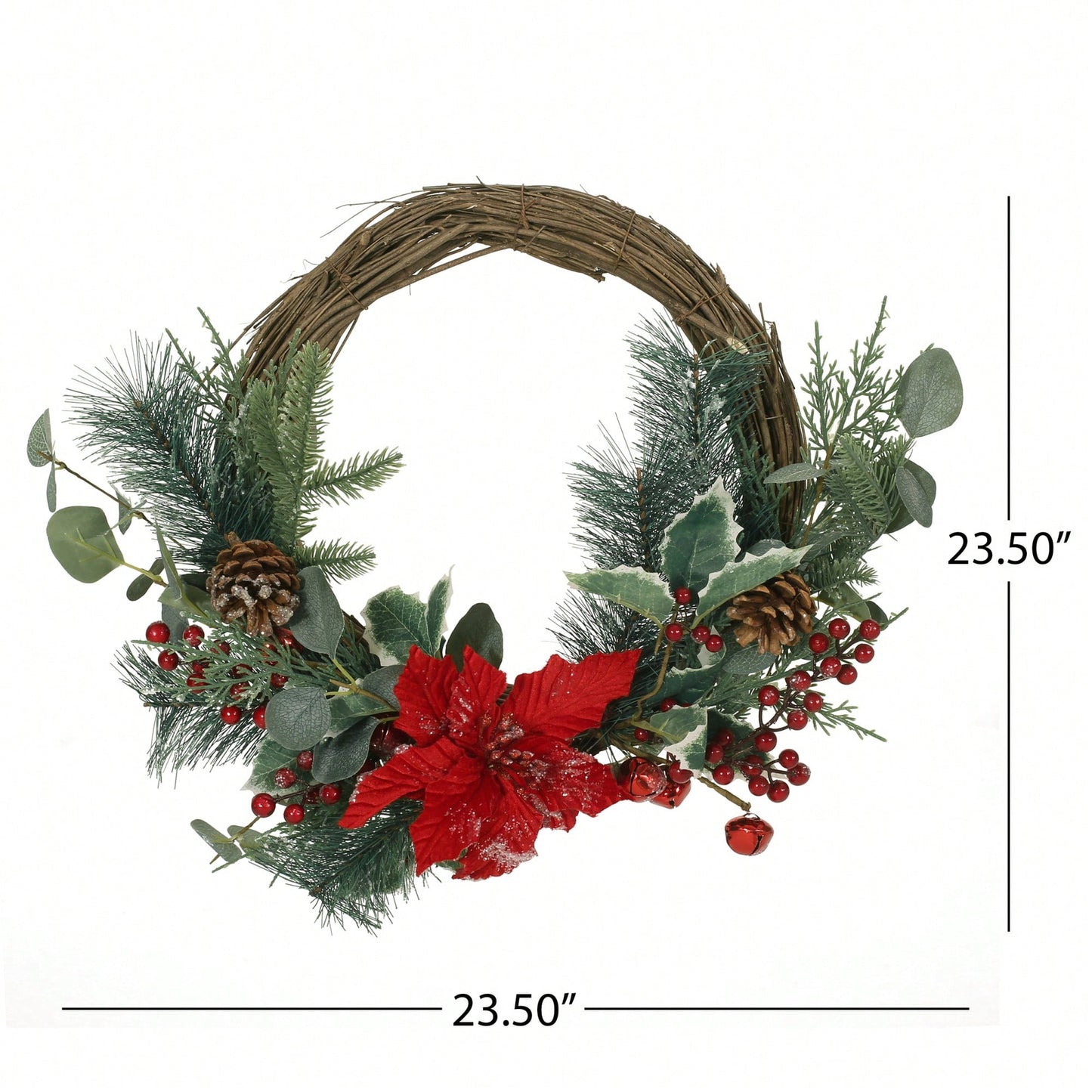 23.5 Inch Poinsettia Berry Eucalyptus Half Wreath For Holiday Decor