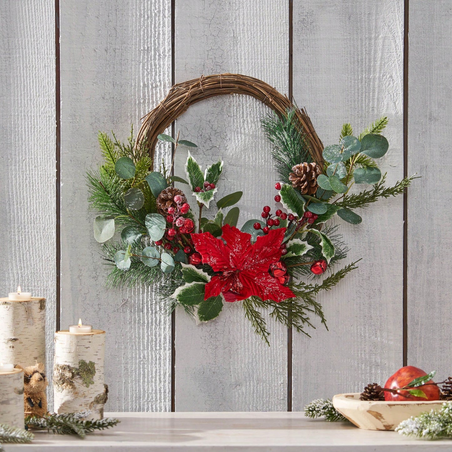 23.5 Inch Poinsettia Berry Eucalyptus Half Wreath For Holiday Decor