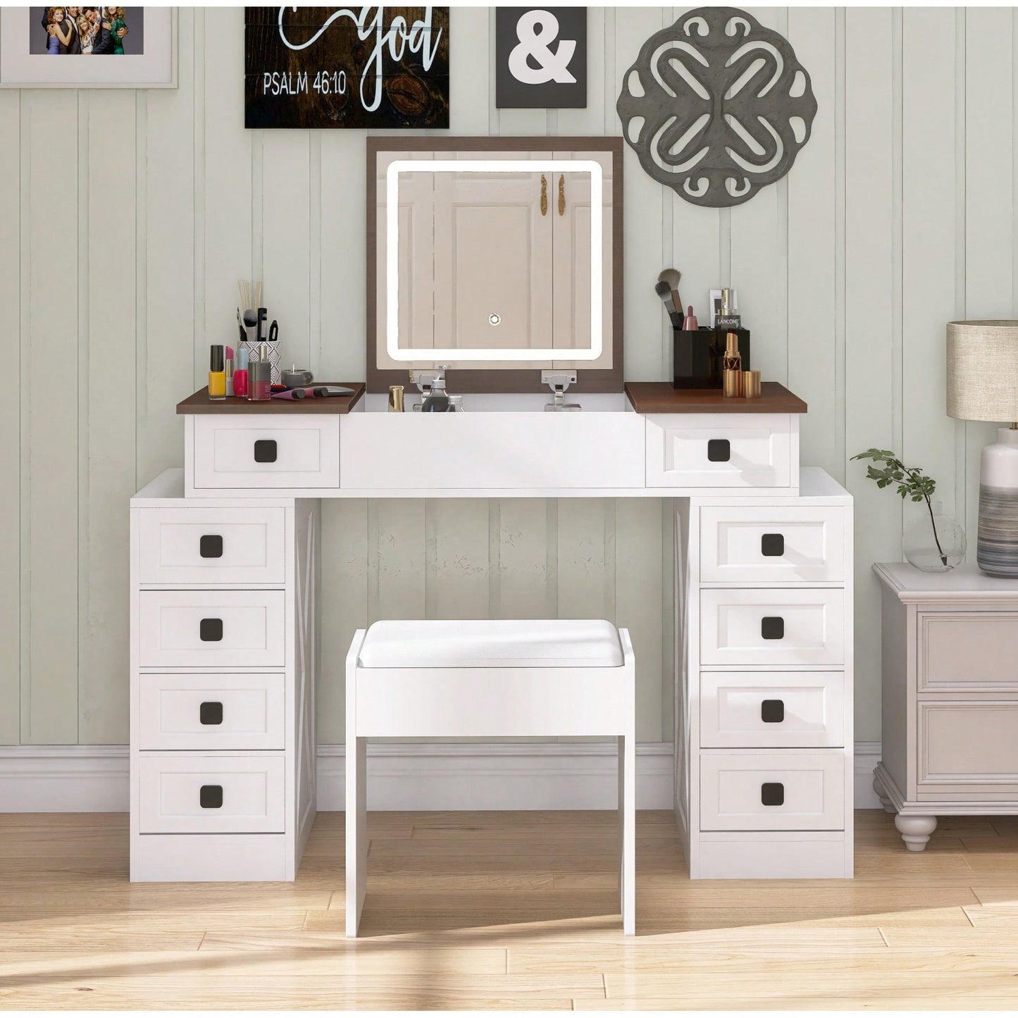 Dimmable LED Light Vanity Desk With Flip Up Mirror And 10 Drawers For Makeup Storage Space-Saving White And Walnut Finish