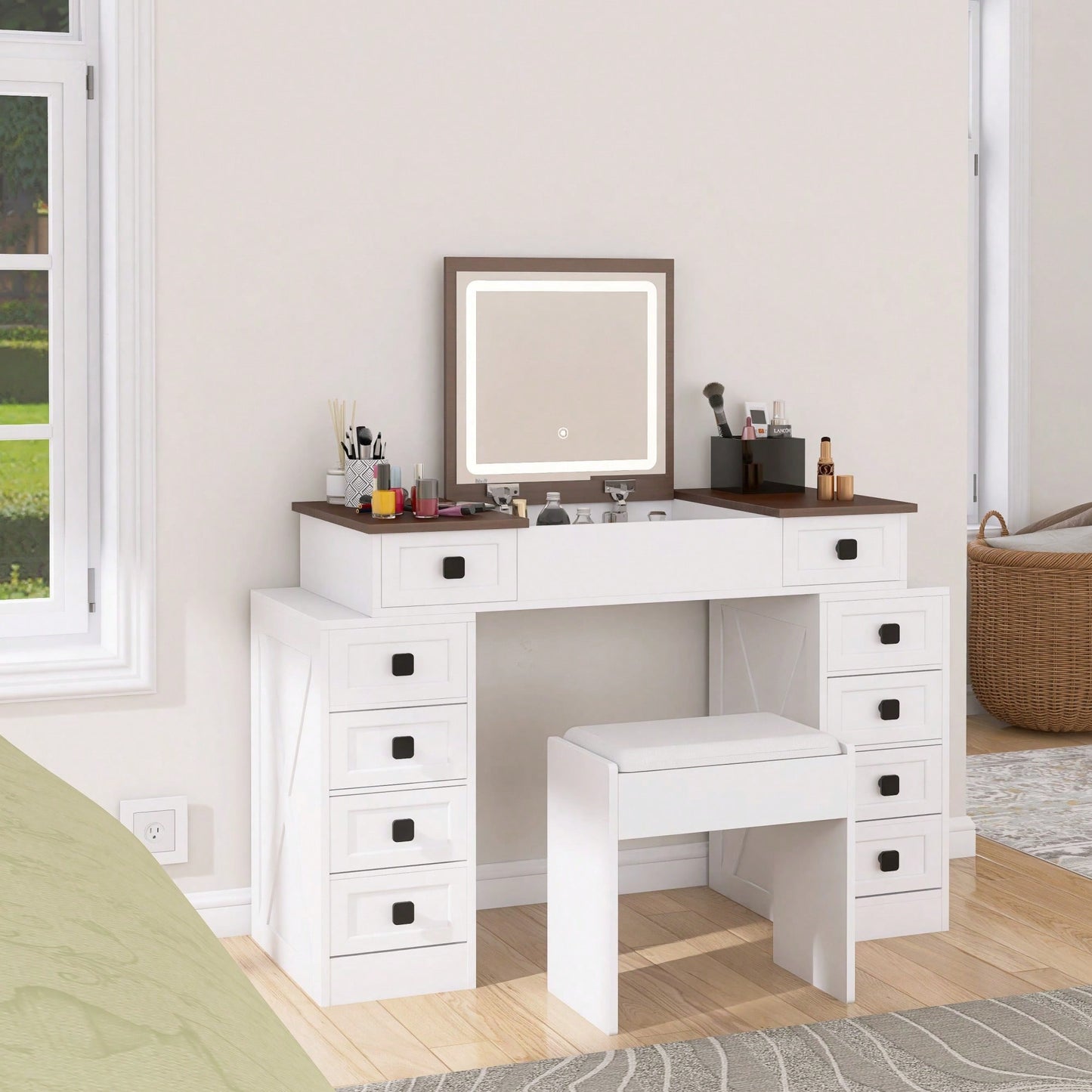 Dimmable LED Light Vanity Desk With Flip Up Mirror And 10 Drawers For Makeup Storage Space-Saving White And Walnut Finish
