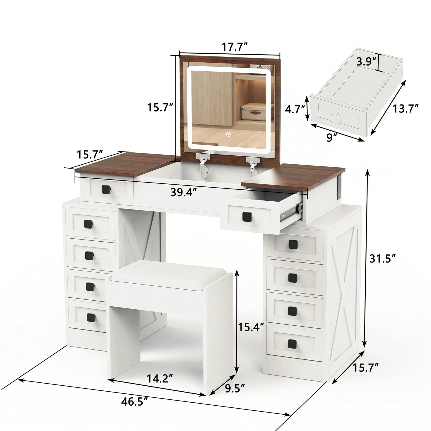 Dimmable LED Light Vanity Desk With Flip Up Mirror And 10 Drawers For Makeup Storage Space-Saving White And Walnut Finish
