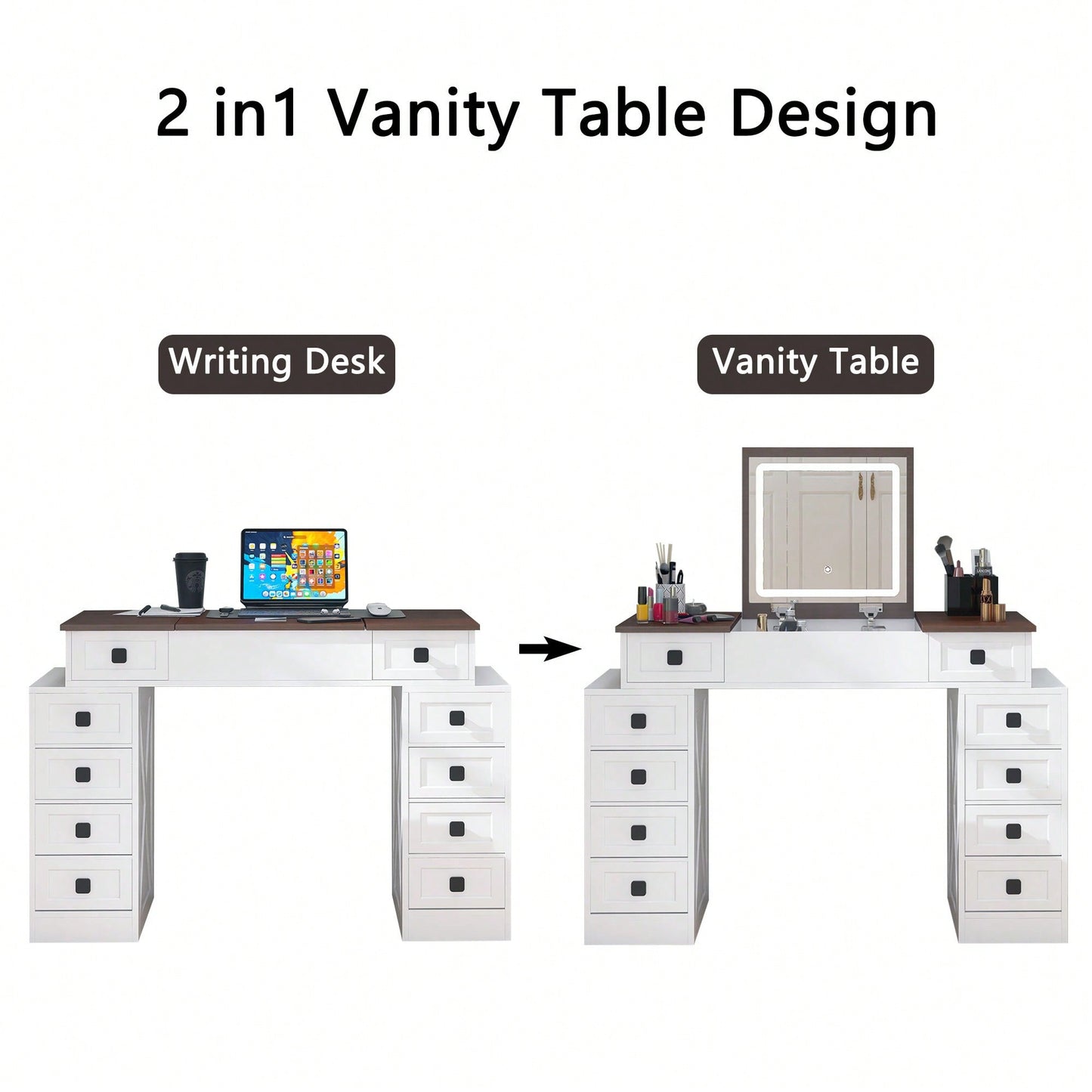 Dimmable LED Light Vanity Desk With Flip Up Mirror And 10 Drawers For Makeup Storage Space-Saving White And Walnut Finish