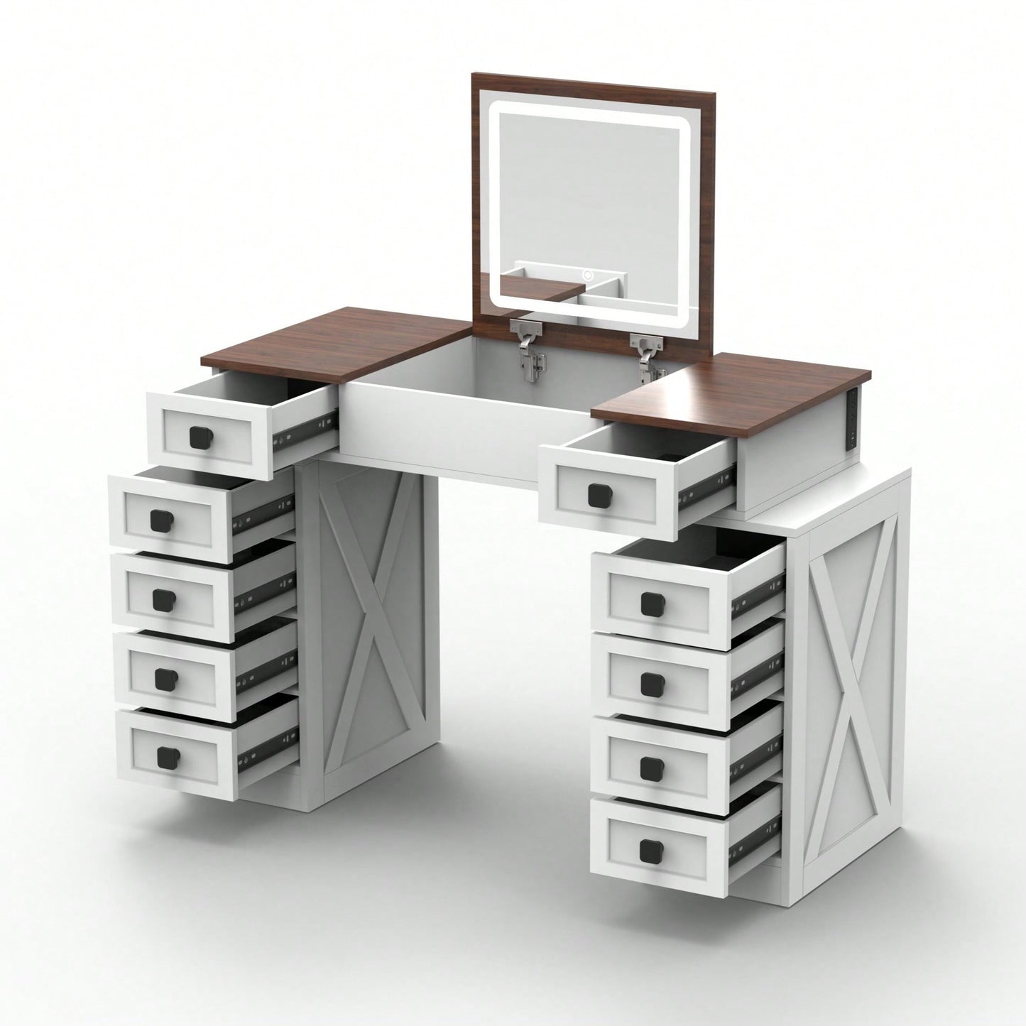 Dimmable LED Light Vanity Desk With Flip Up Mirror And 10 Drawers For Makeup Storage Space-Saving White And Walnut Finish