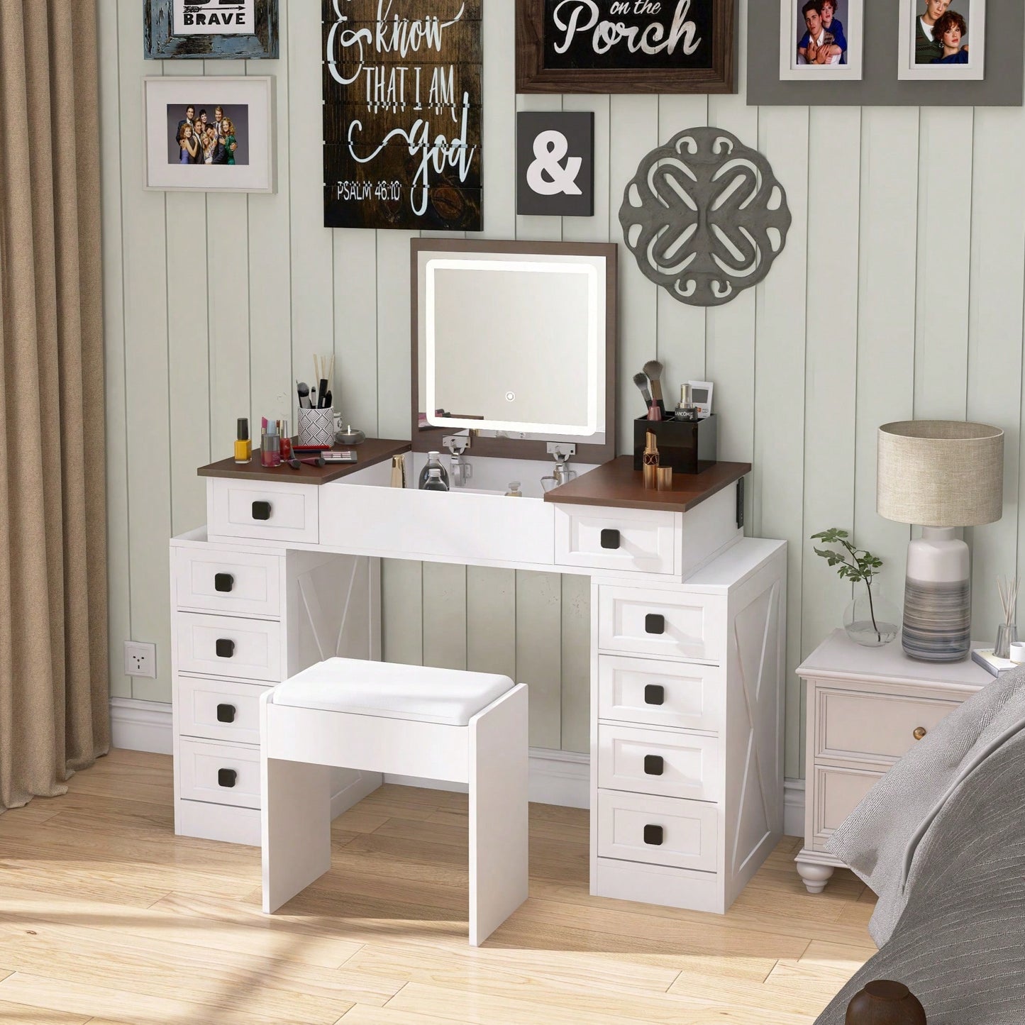 Dimmable LED Light Vanity Desk With Flip Up Mirror And 10 Drawers For Makeup Storage Space-Saving White And Walnut Finish