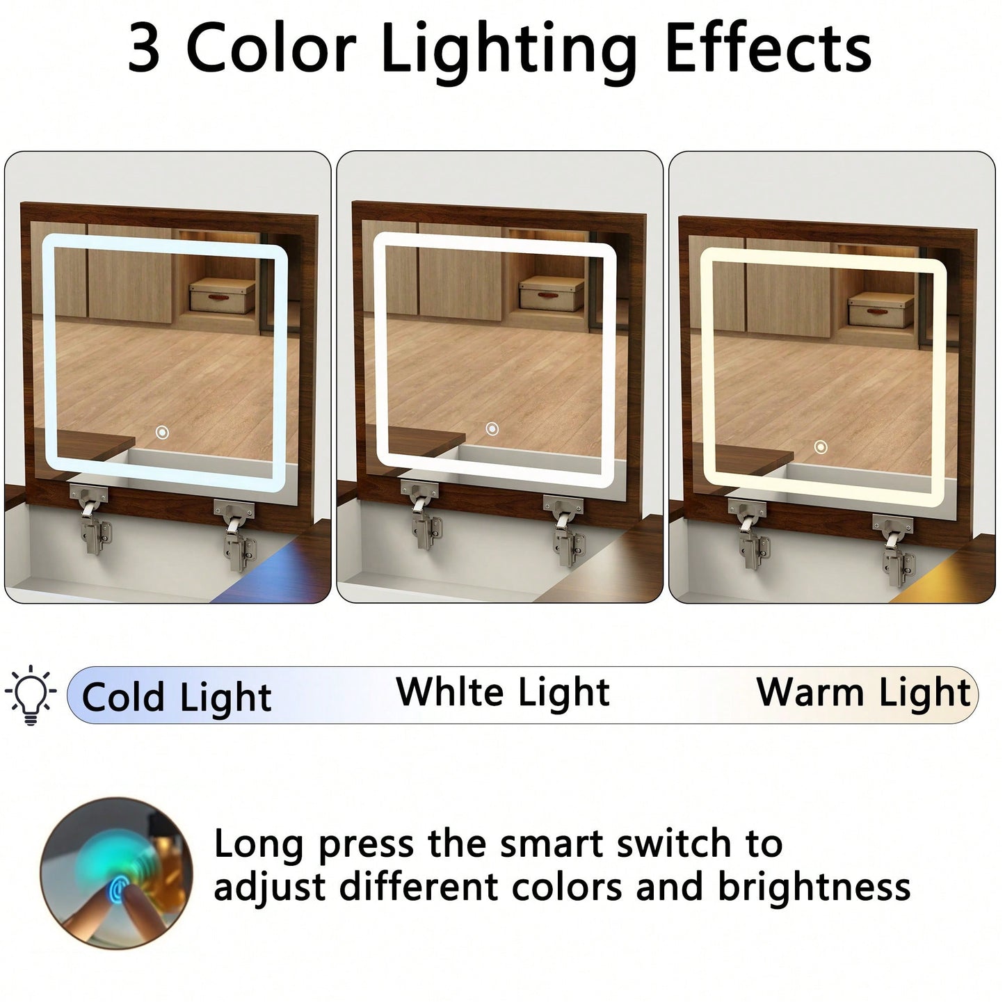 Dimmable LED Light Vanity Desk With Flip Up Mirror And 10 Drawers For Makeup Storage Space-Saving White And Walnut Finish