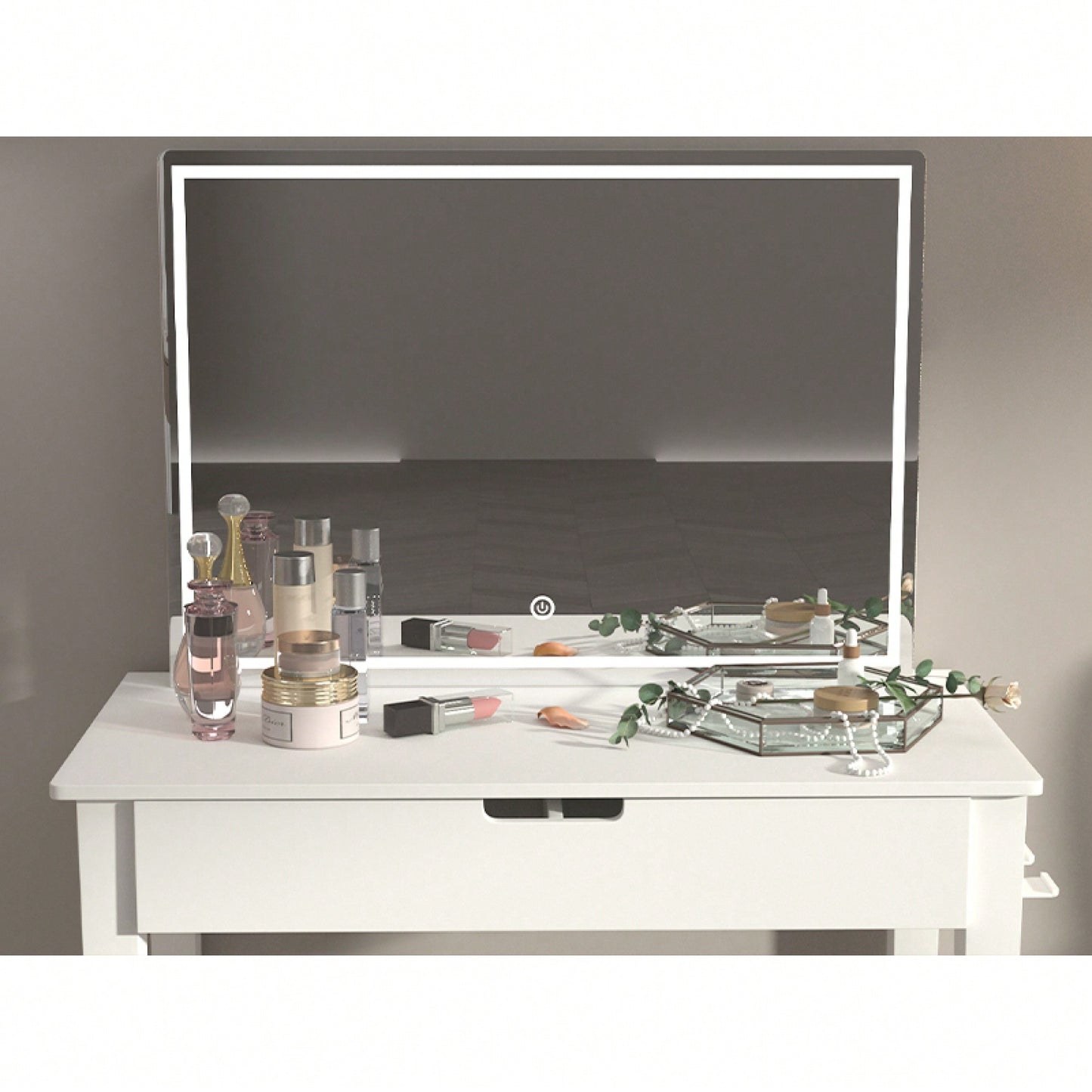 Elegant White Vanity Table With Dimmable LED Mirror And Storage Drawer For Makeup And Cosmetics With Comfortable Stool